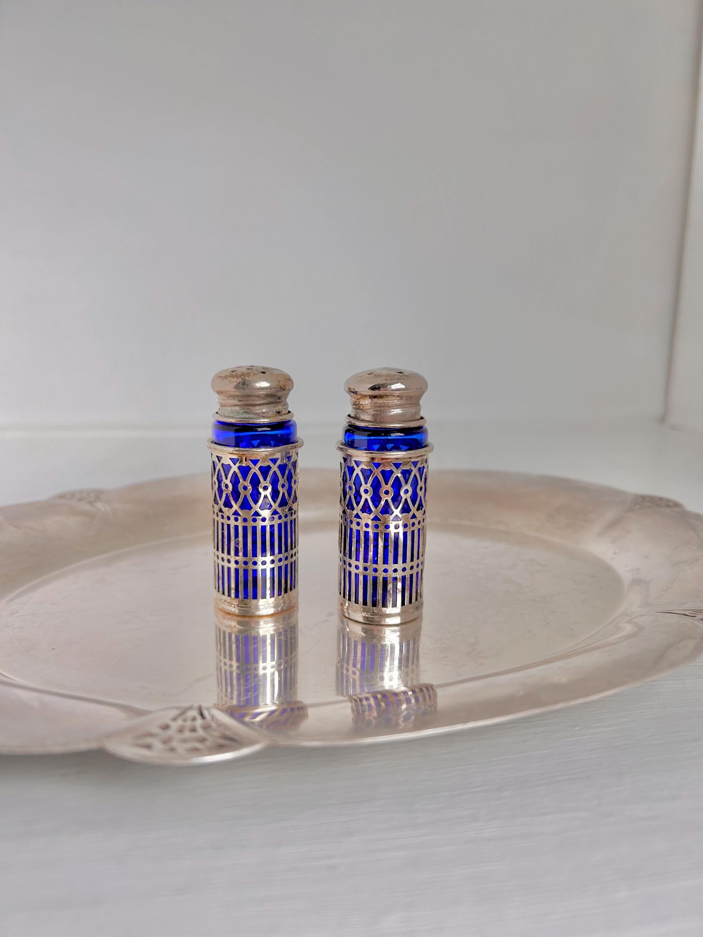 Vintage Cobalt Blue Glass Salt and Pepper Shakers - Silverplate Sleeves