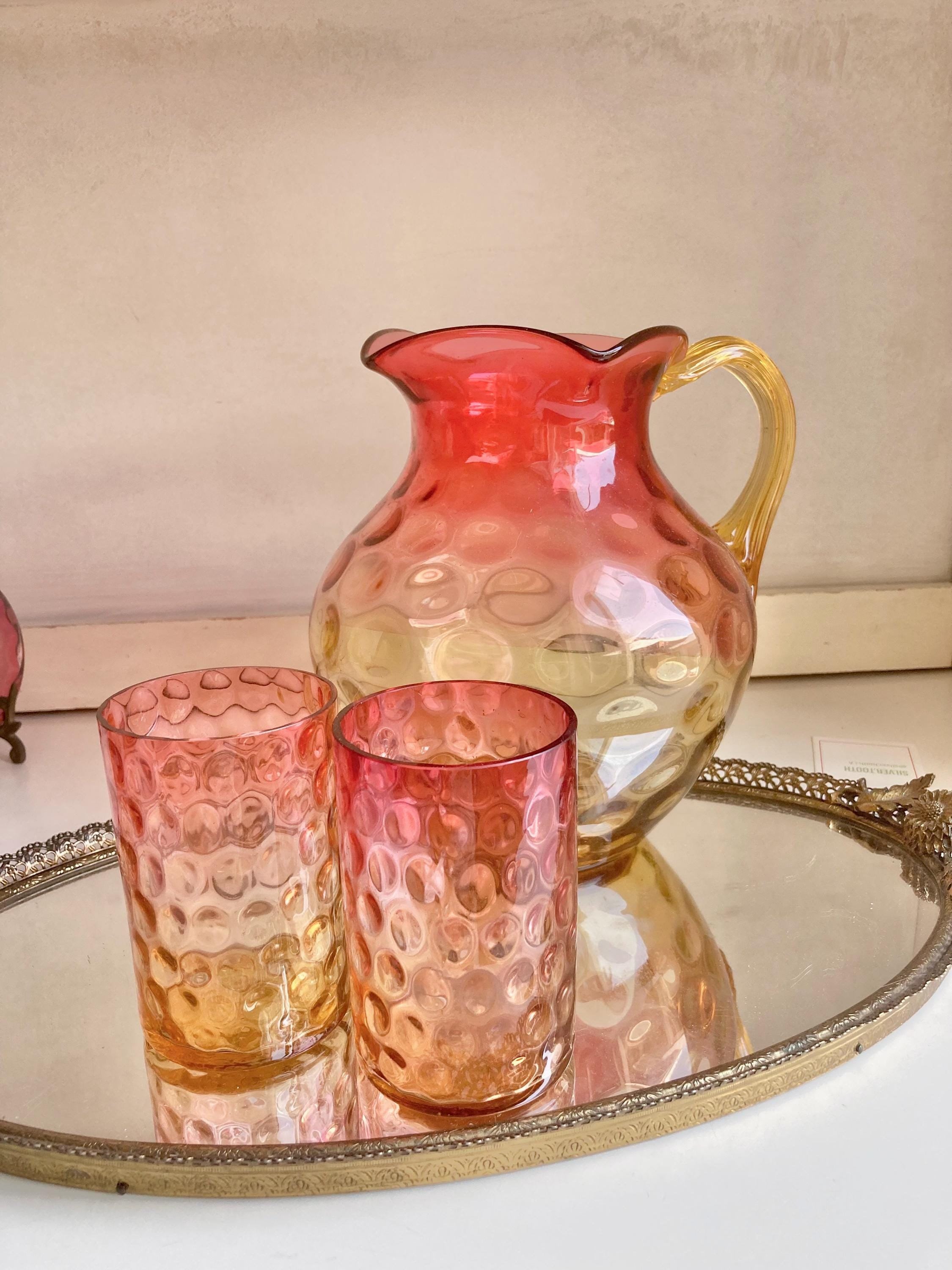 Antique Amberina Glass Pitcher Set: Victorian Reverse Thumbprint Hobbs Brockunier