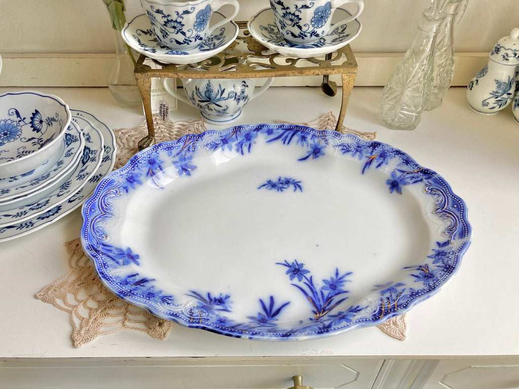 Antique Grindley Flow Blue Platter: 16" Dover Daffodil Floral