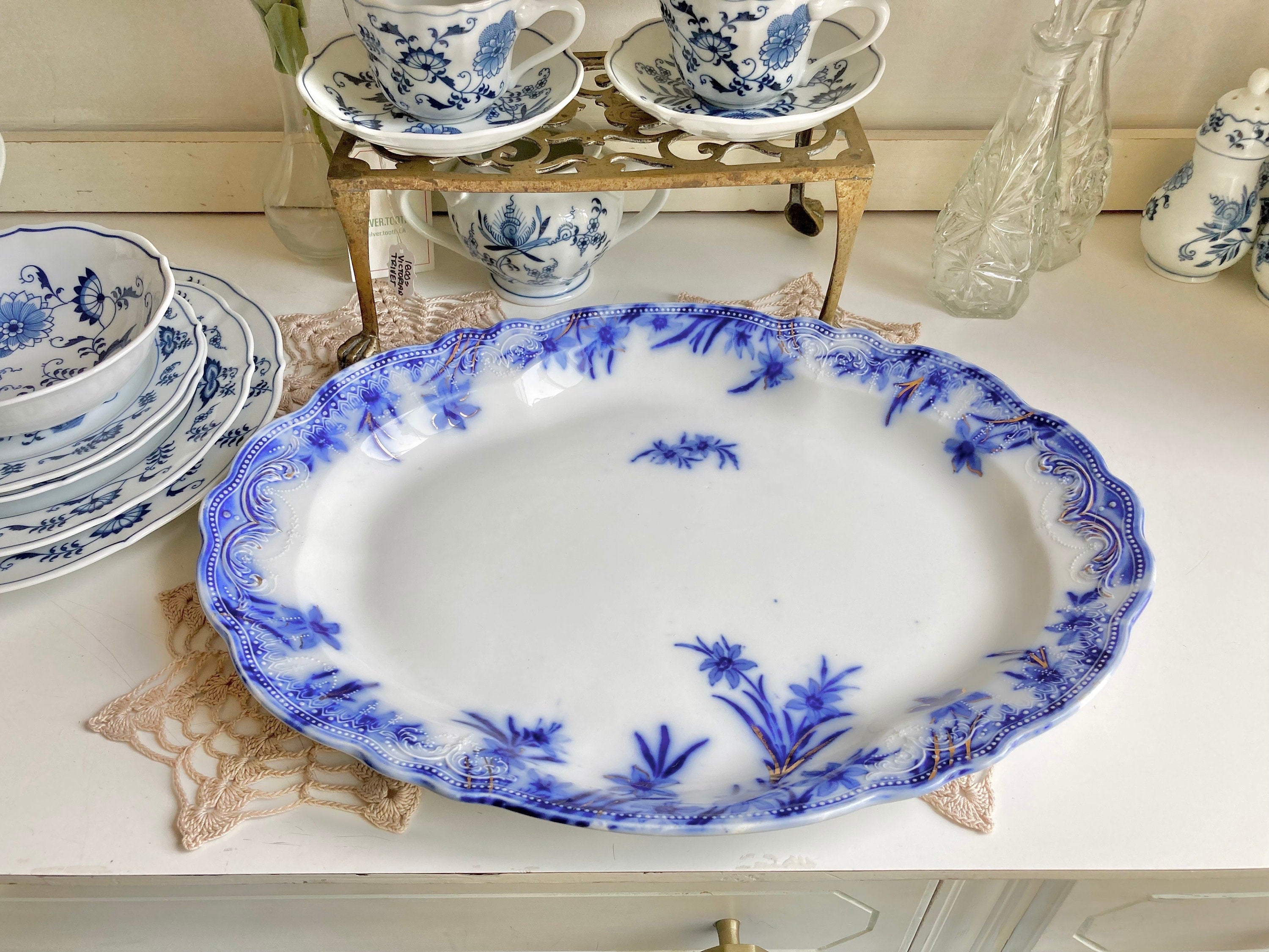 Antique Grindley Flow Blue Platter: 16" Dover Daffodil Floral