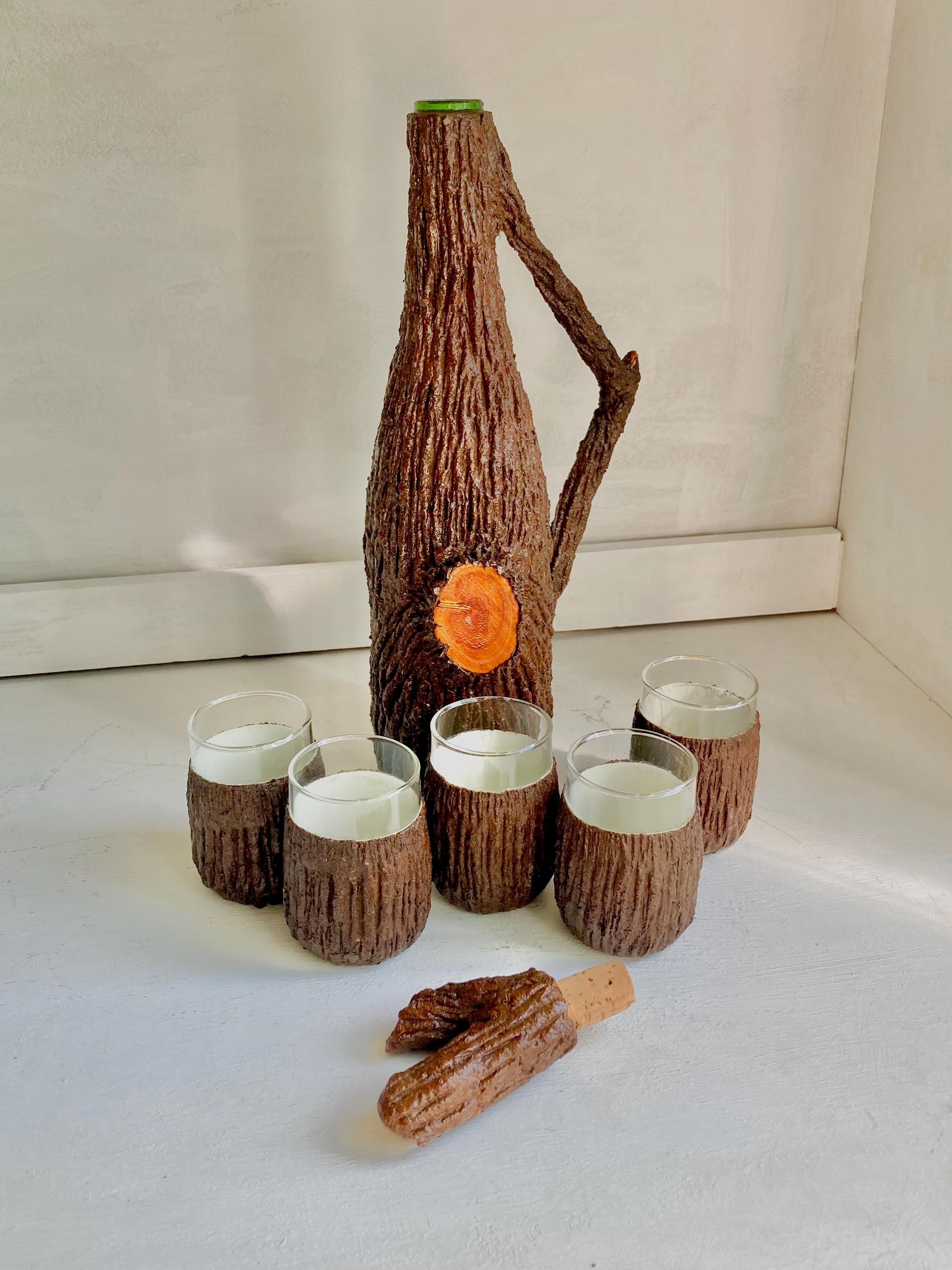 Vintage Faux Bois Decanter Set: Mid-Century Cordial Cups, Tree Bark Design