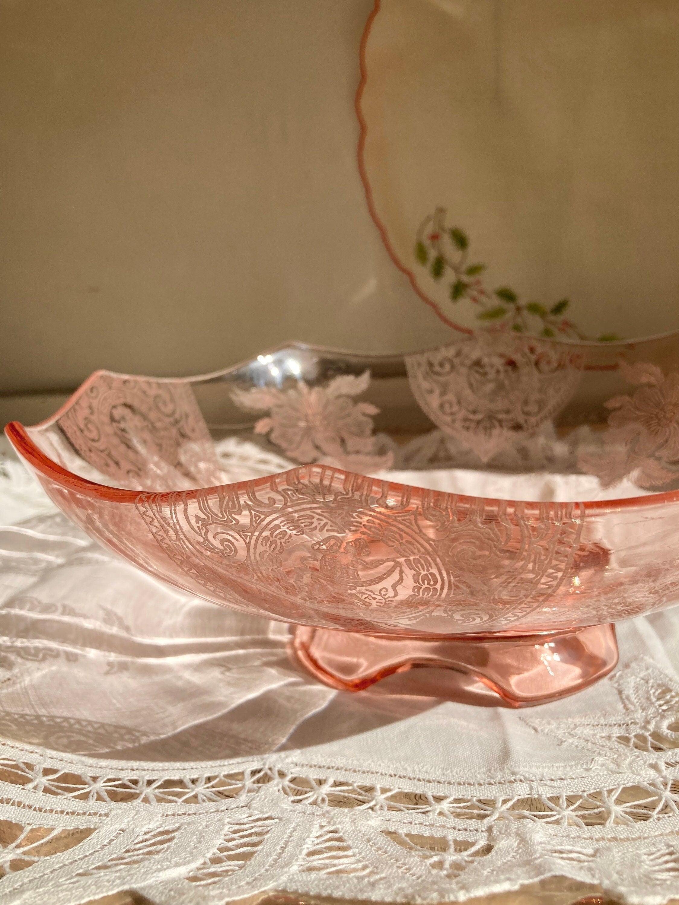 Pink Depression Glass Bowl - Etched Flowers, Dancing Nudes, Octagonal