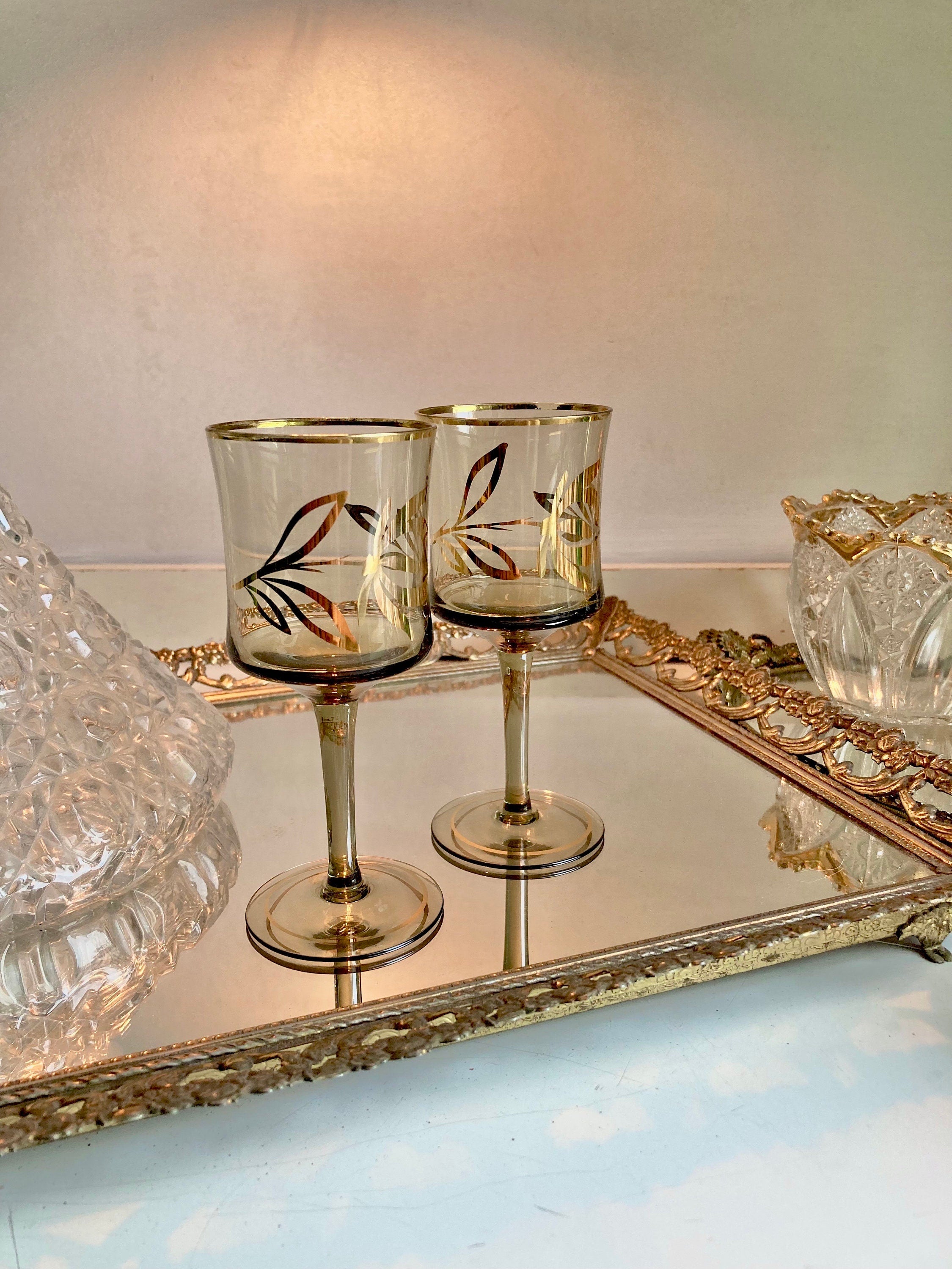 Pair of Bohemian Smoke Glass Cordials with Gilt Floral trim - Vintage Stemware