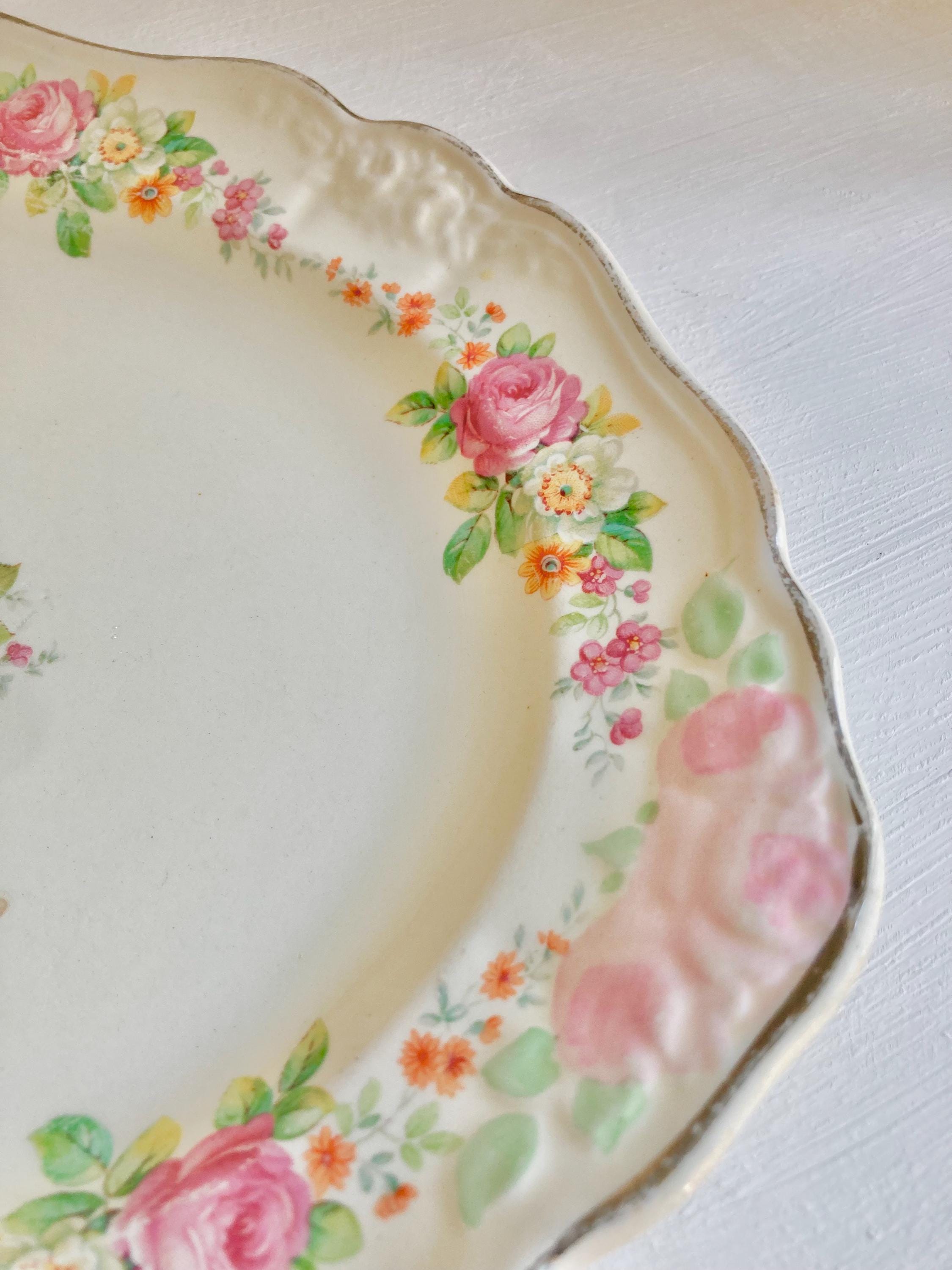 Vintage Taylor Smith & Taylor Floral Platter: Embossed Rose Bouquet, Silver Trim (11.5")