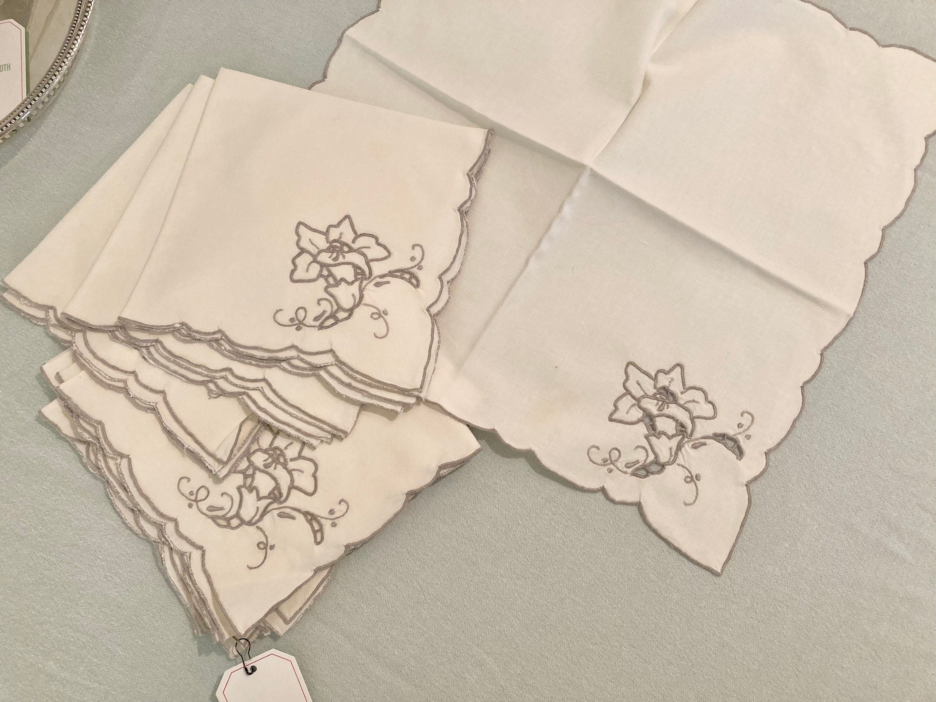 Vintage Linen Cream and Grey Trumpet Flower Dinner Napkins - Set of 8