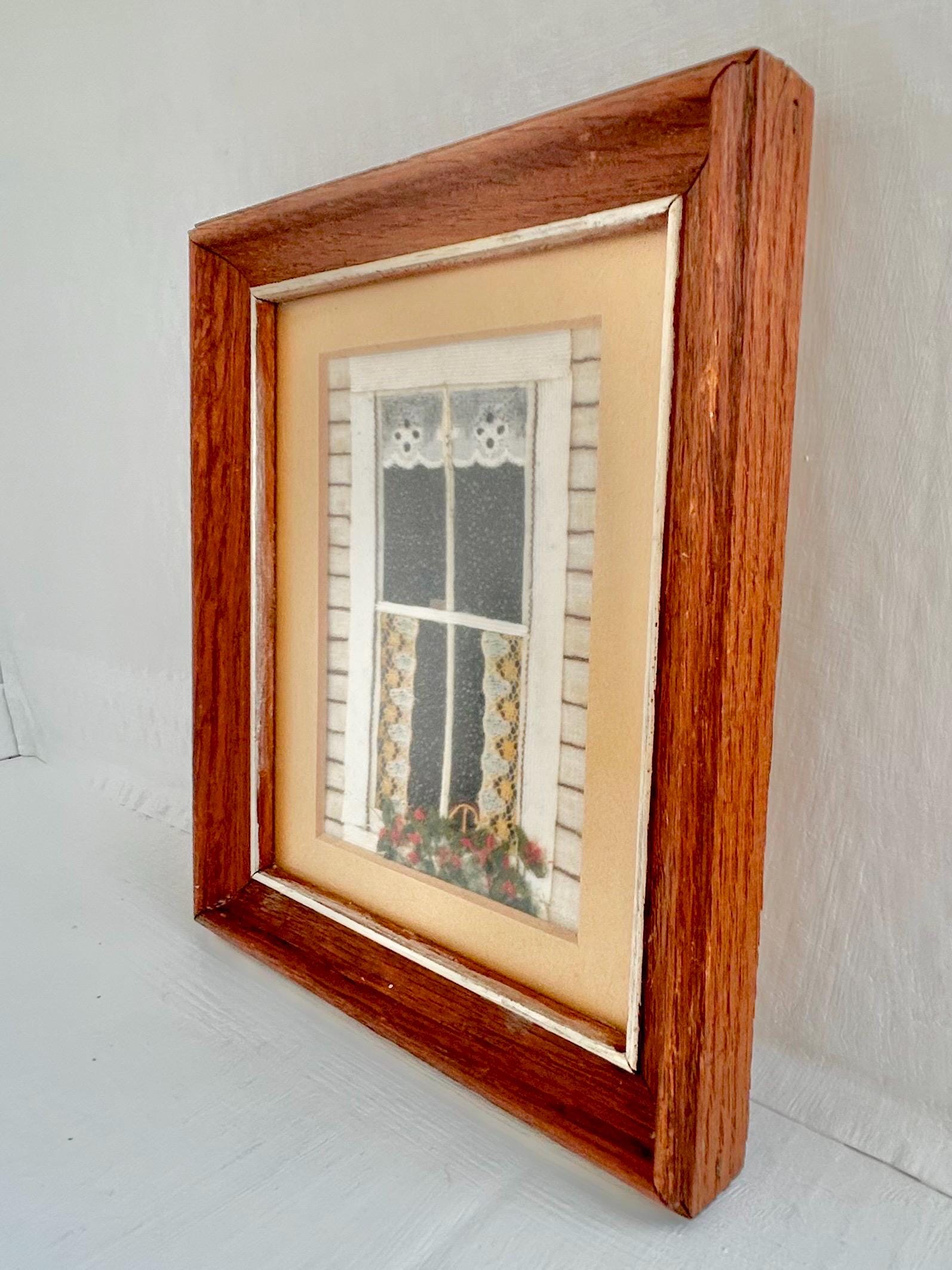 Vintage Framed Mixed Media Art: Country Cottage Window Scene, 1982