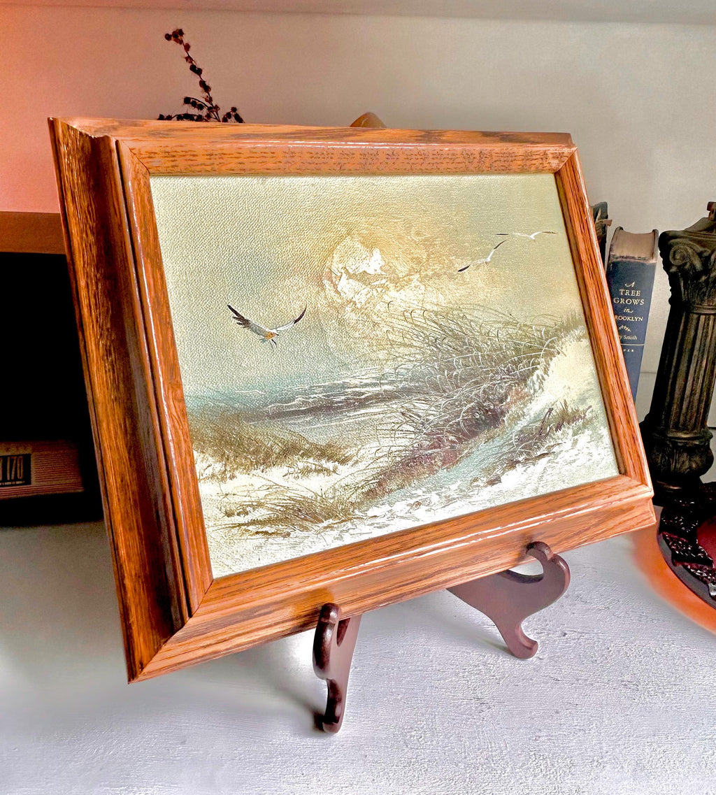 Vintage Seaside Painting - Original Signed Beach Scene in Oak Frame