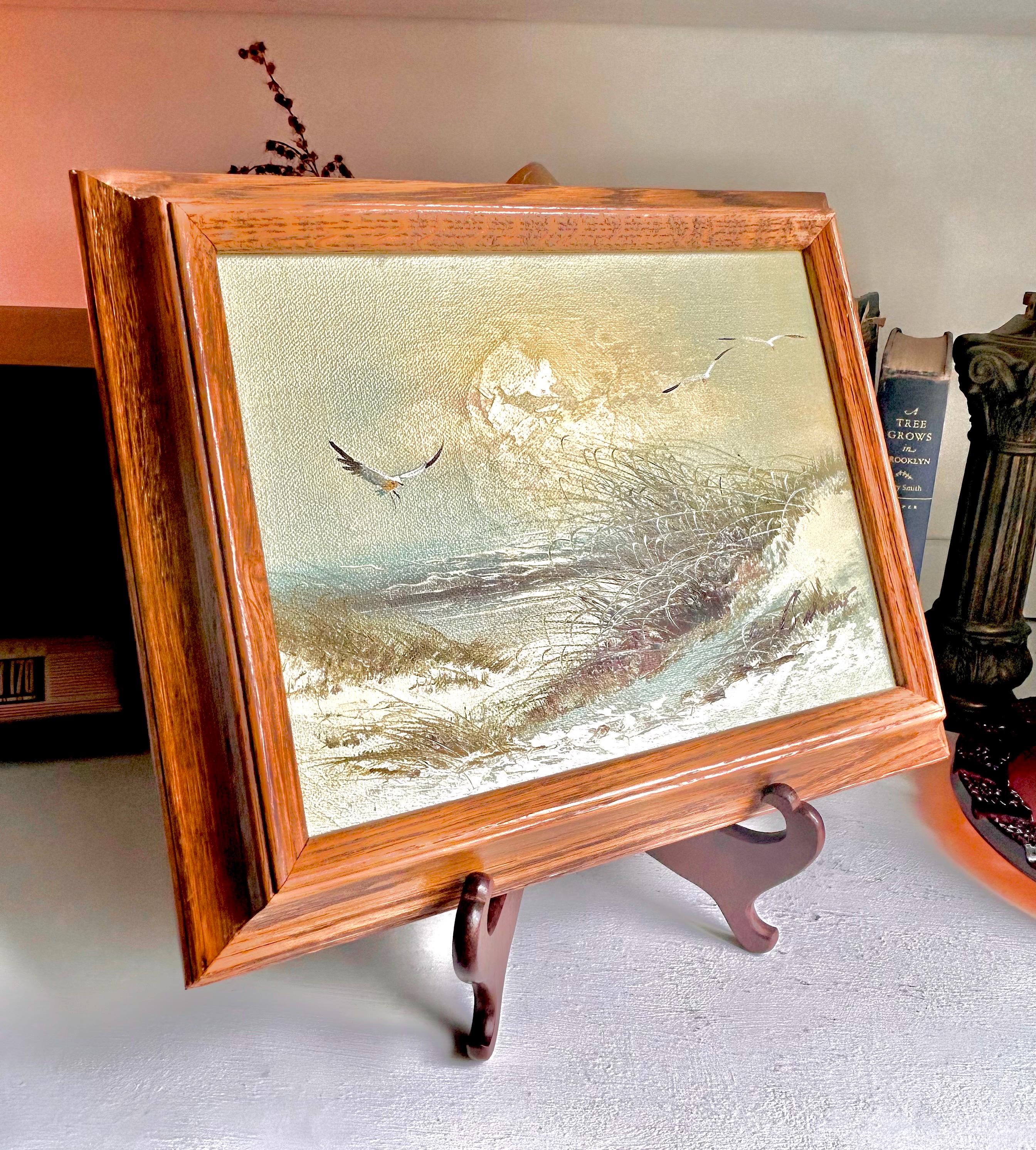 Vintage Seaside Painting - Original Signed Beach Scene in Oak Frame