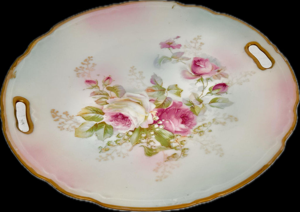 Vintage Round Porcelain Transferware Platter with Open Handles, Roses, Gold Trim
