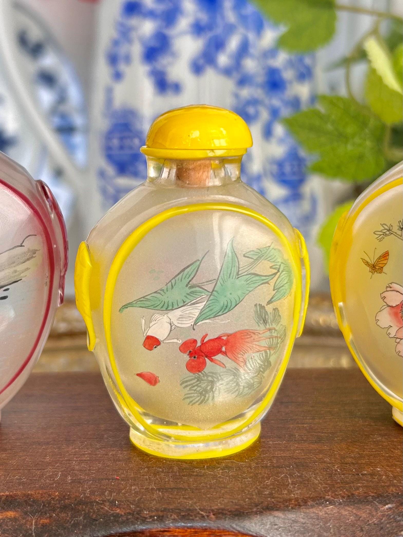 Vintage Chinese reverse Painted Carved Glass Snuff Bottles, 2-3 inch, Sold Individually