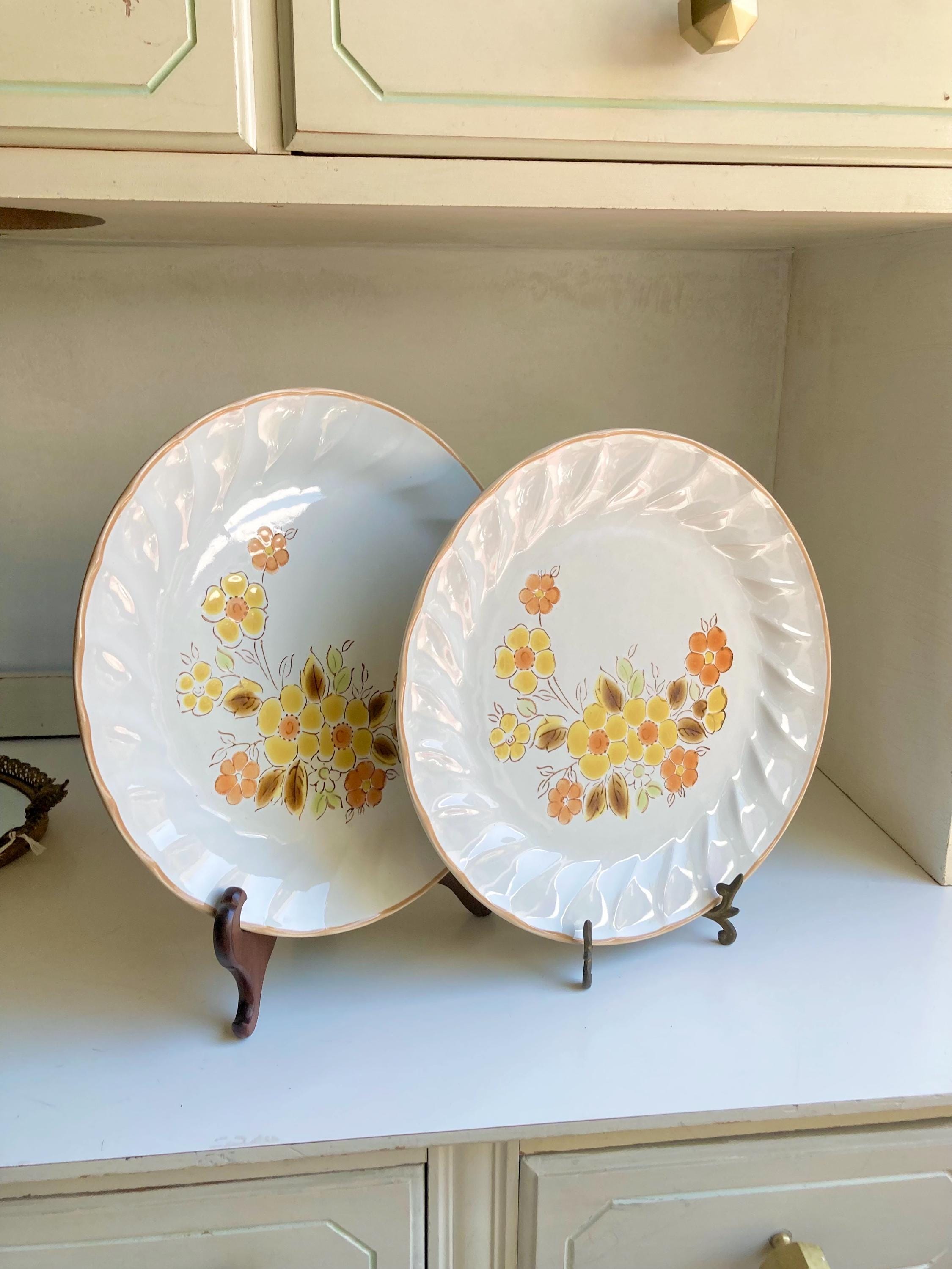 Vintage Gaiety Sculptura Stoneware Dinner Plates Pair - Orange Yellow Floral - Japan