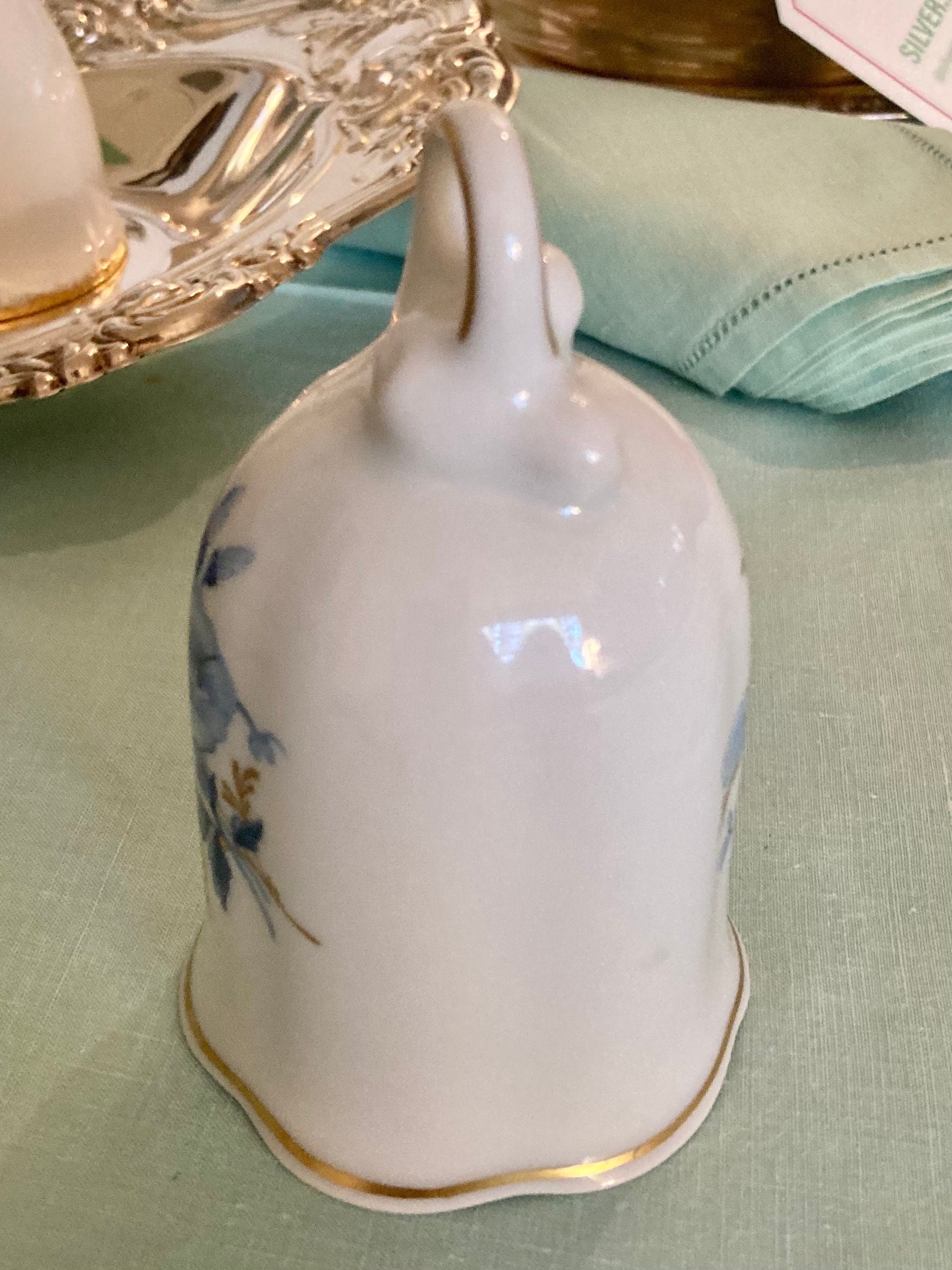 Vintage Porcelain Bell - Blue Flowers on White - gold trim