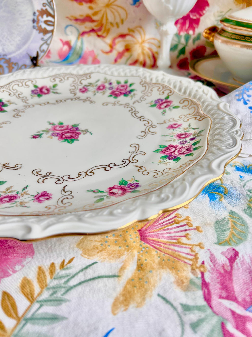 Vintage Bavaria Porcelain Platter: 12" Floral Basketweave Gold Trim
