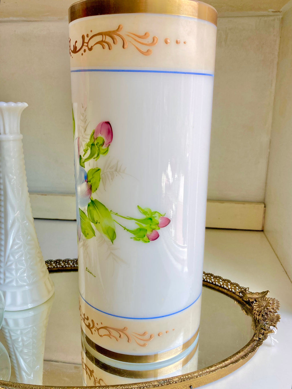 Vintage 1930s Milk Glass Vase – Deluxe Inc Floral Cylinder with Gilt