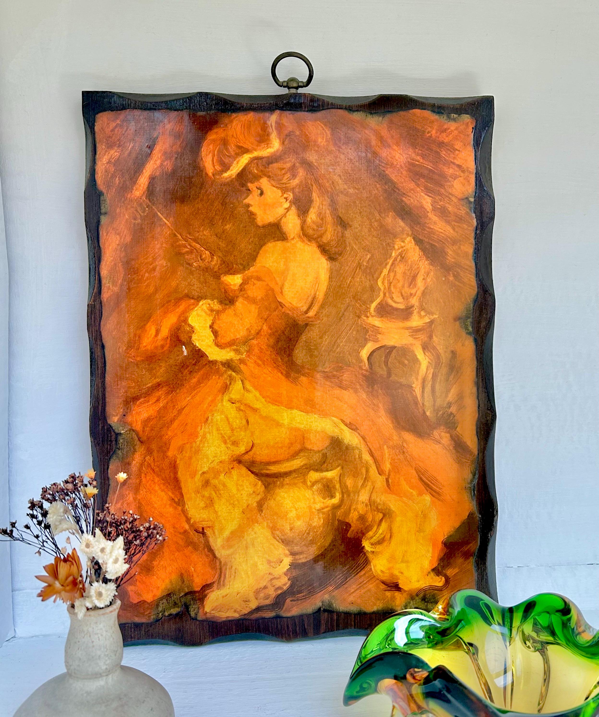 Vintage Kitsch Burlesque Lady Wall Hanging: Burnished Wood Decor