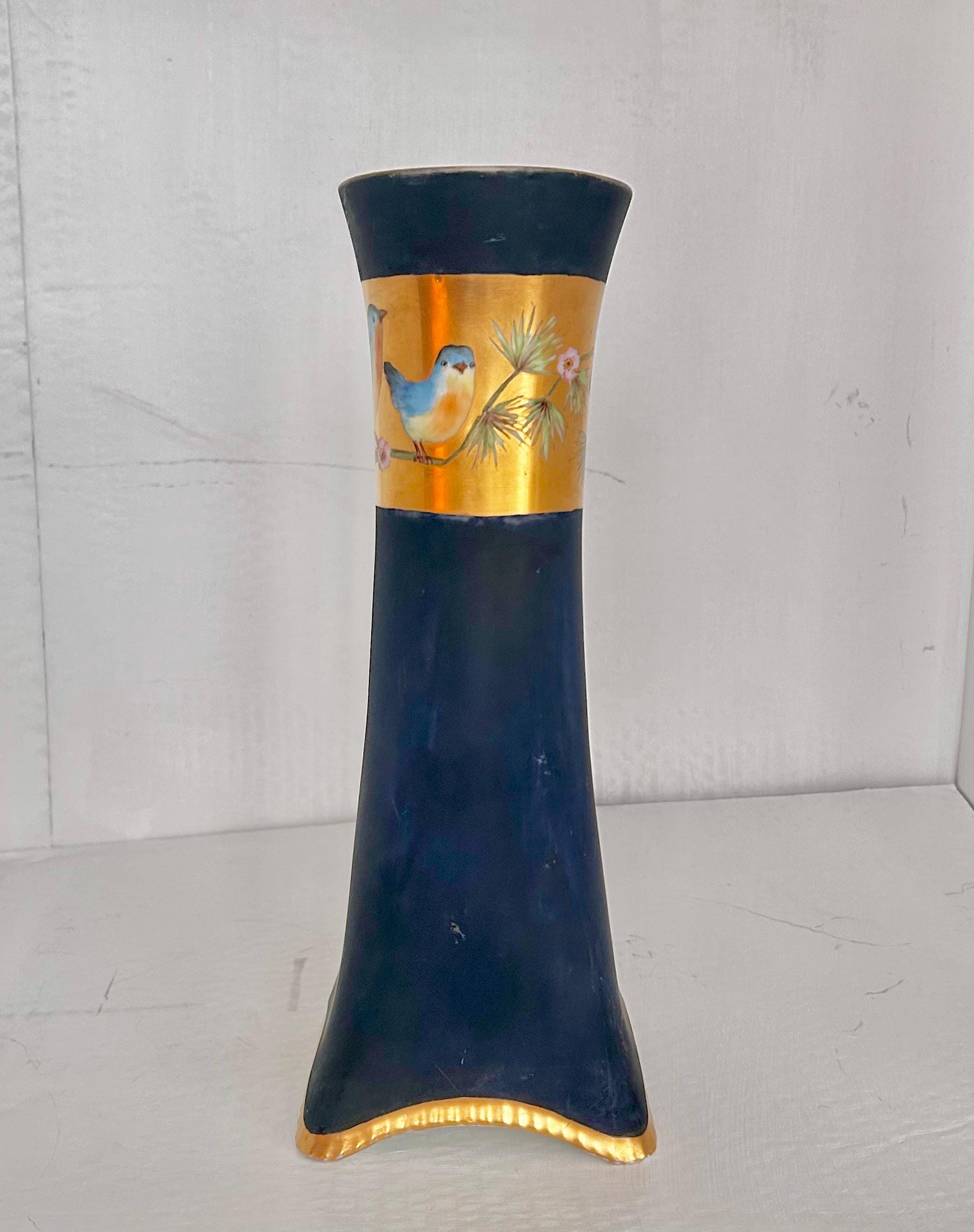 Heinrich & Co Selb Antique Vase with Bluebirds, Large Dark Blue
