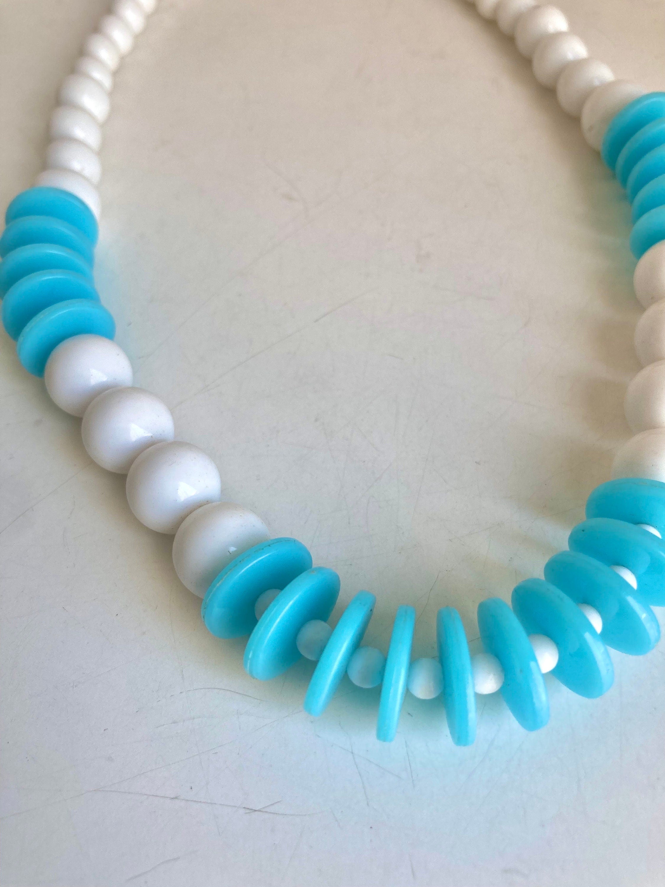 Vintage White & Sky Blue Plastic Beaded Necklace - 18"