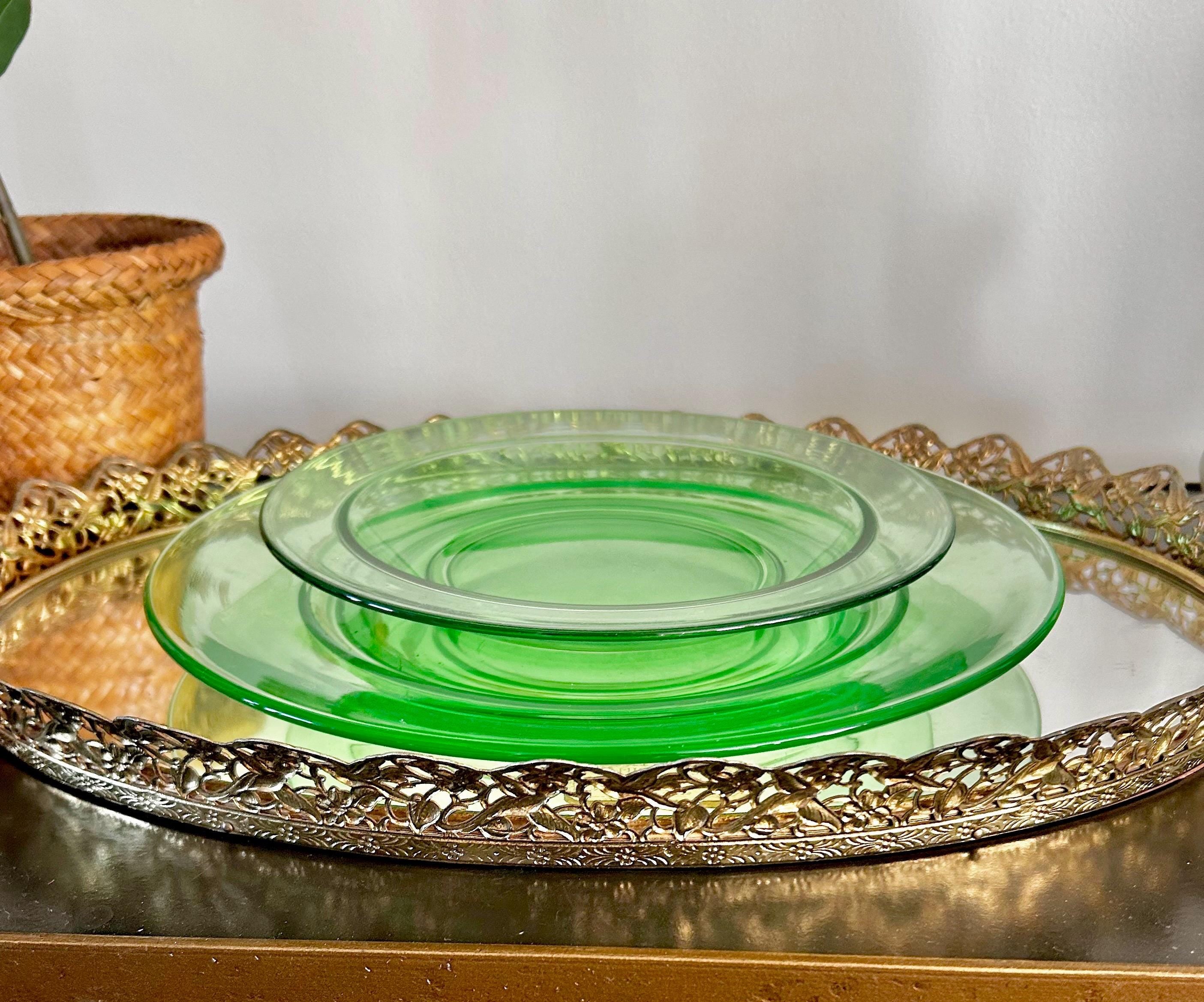 Vintage Uranium Green Heavy Pressed Glass Two-piece Dining Set