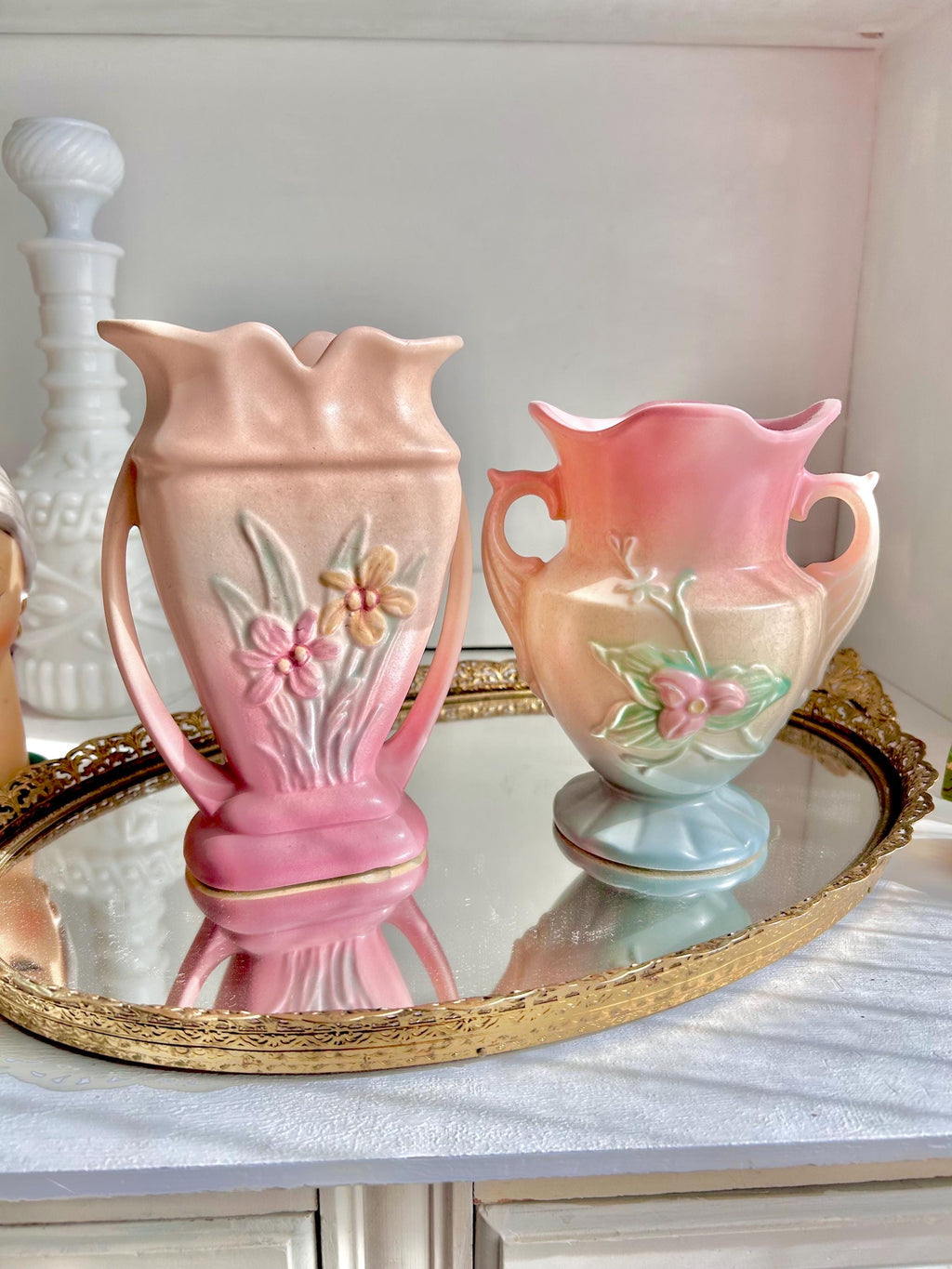 Vintage Hull Art Pottery Vase: Pink Floral Urn with Handles