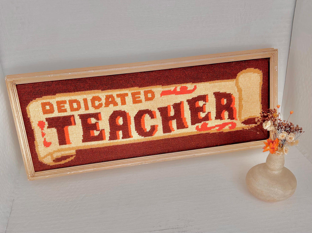 Vintage Framed Needlepoint Art: "Dedicated Teacher" Crewel Yarn Picture