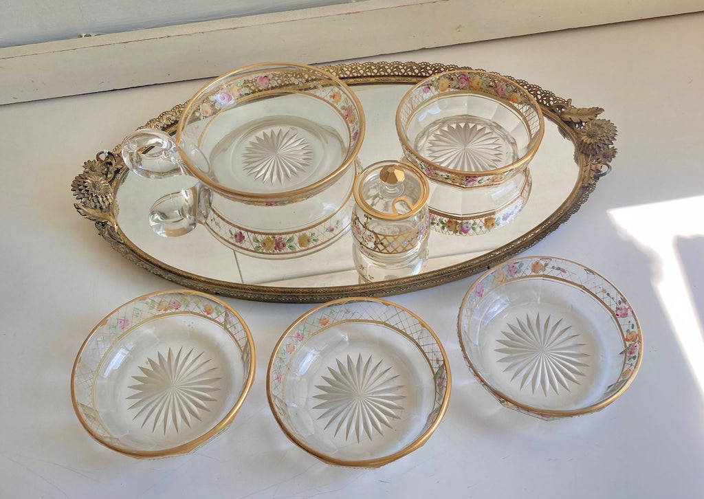 Vintage Hand-Painted Floral Glass Dessert Set: Gilt Sunburst Bowls & Jar