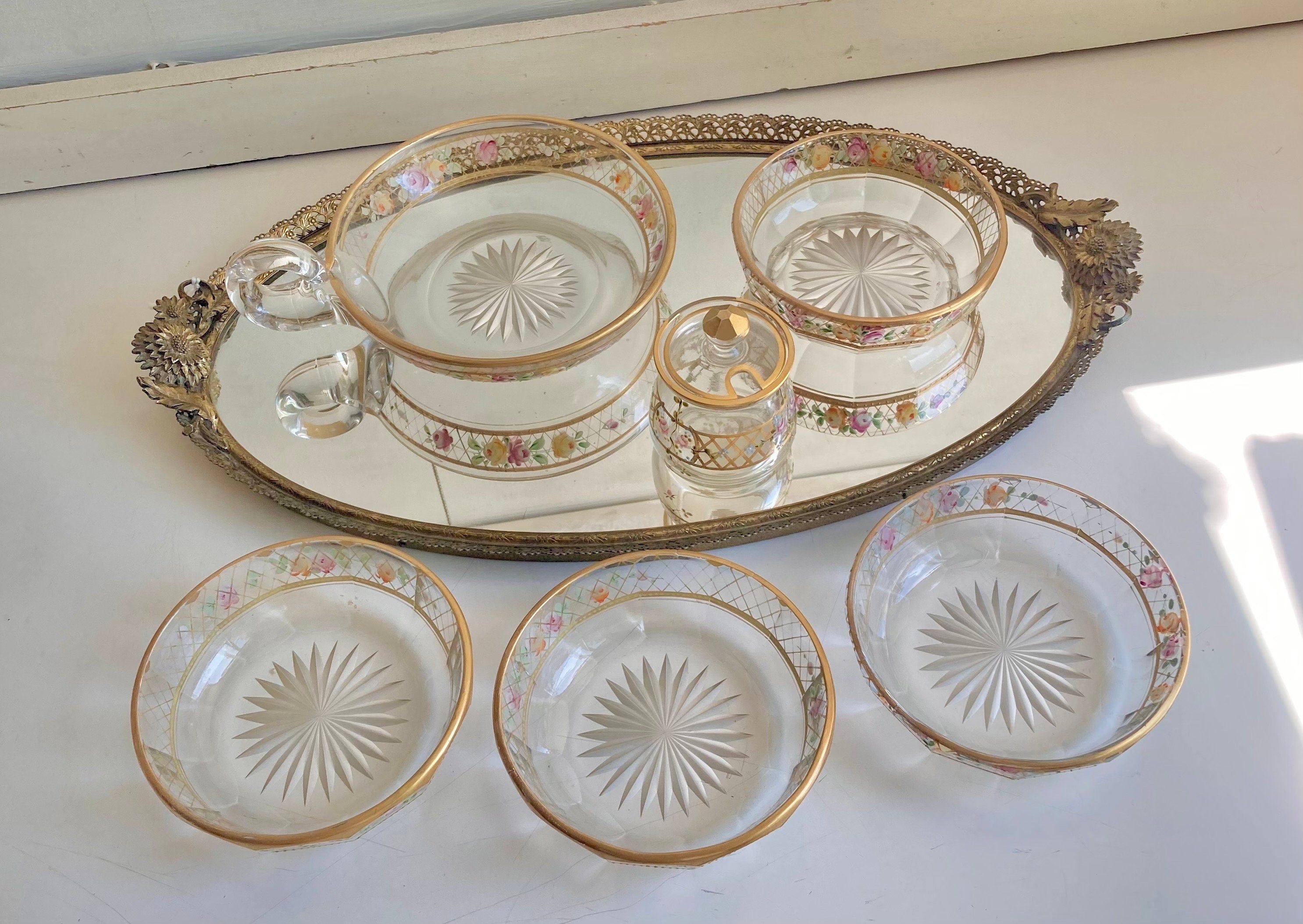 Vintage Hand-Painted Floral Glass Dessert Set: Gilt Sunburst Bowls & Jar