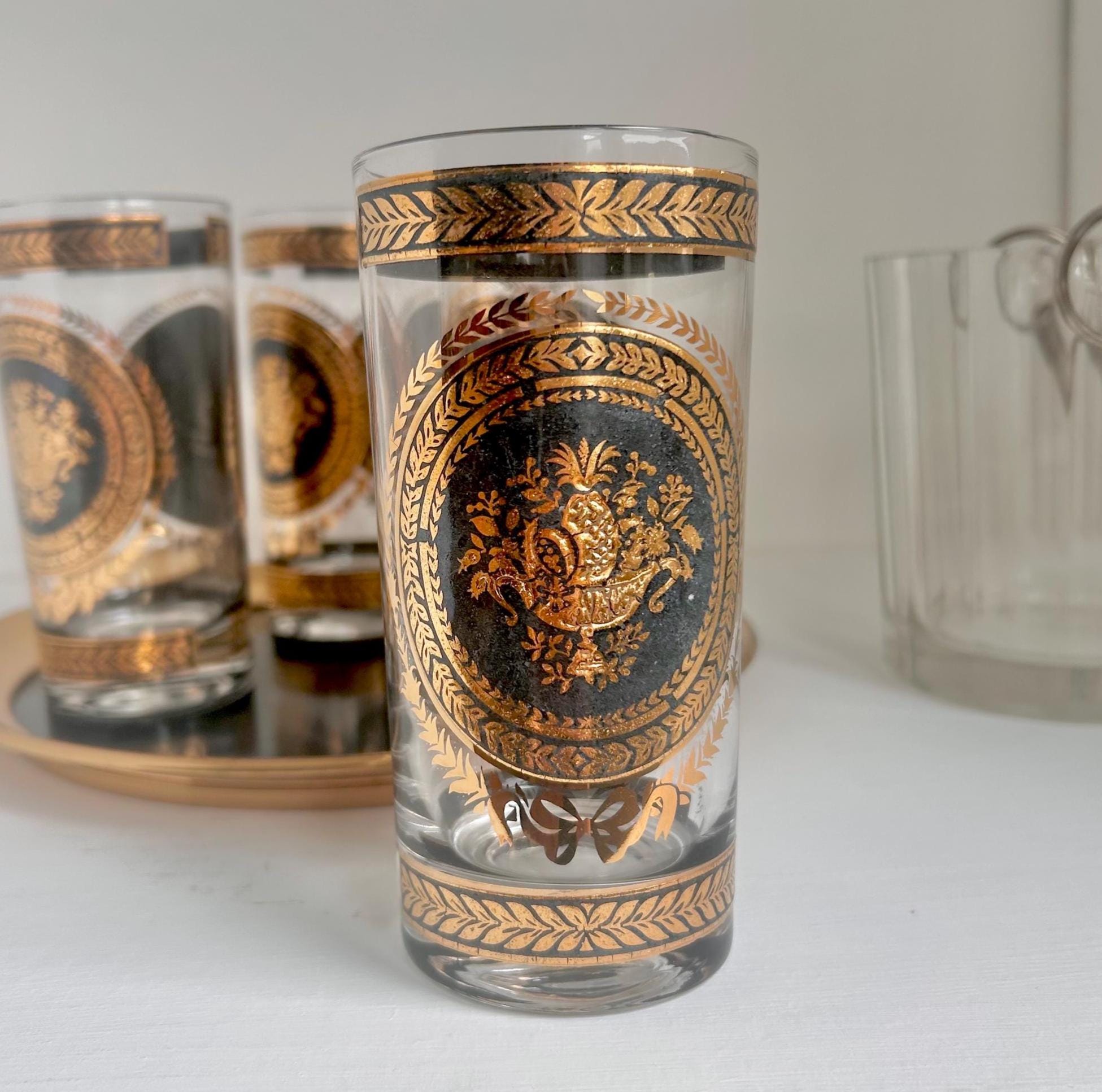 Vintage Culver Highball Glass: Gold & Black Pineapple Design