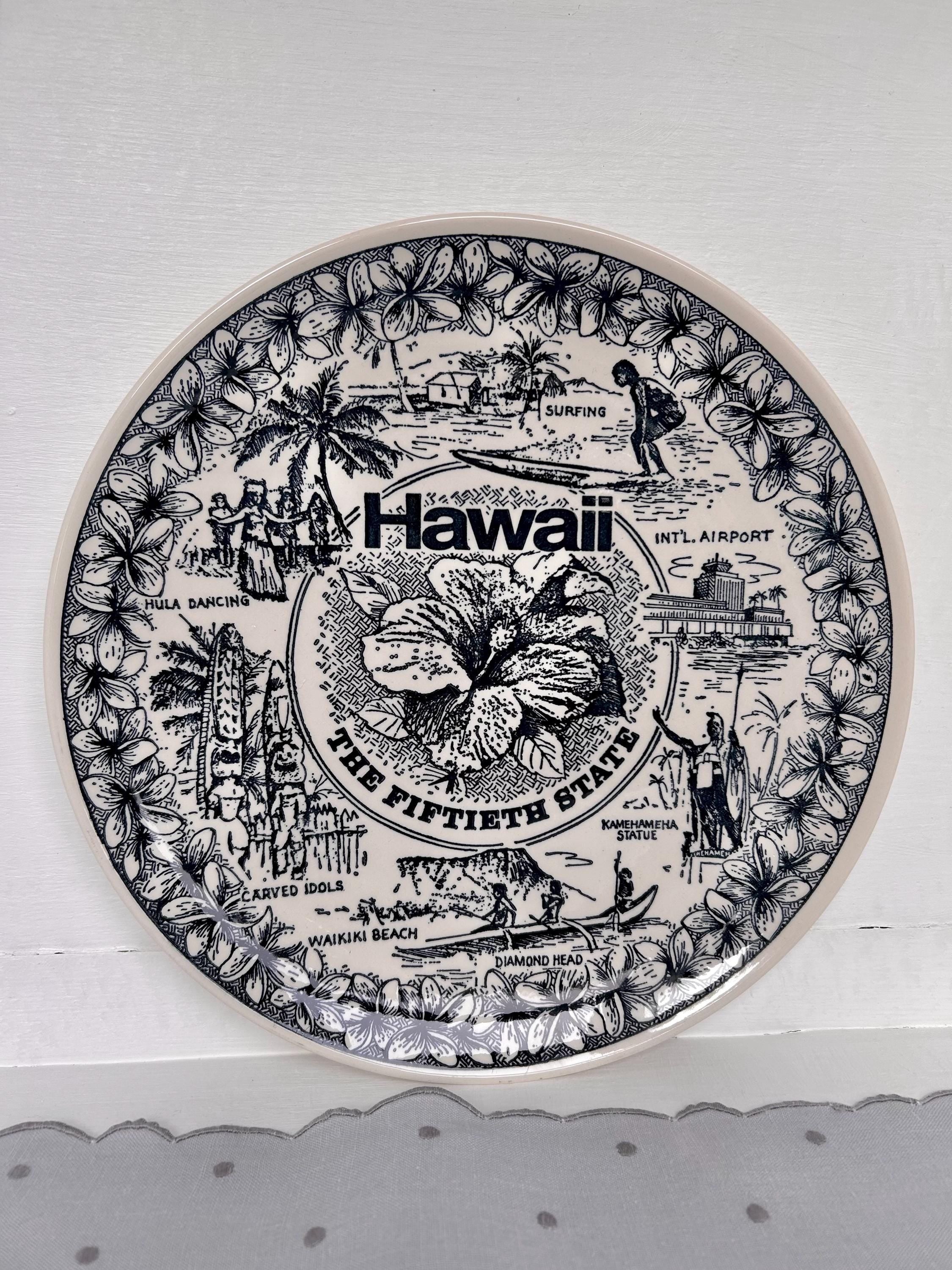Vintage Hawaii Souvenir Plate: Navy Blue & White American Ironstone