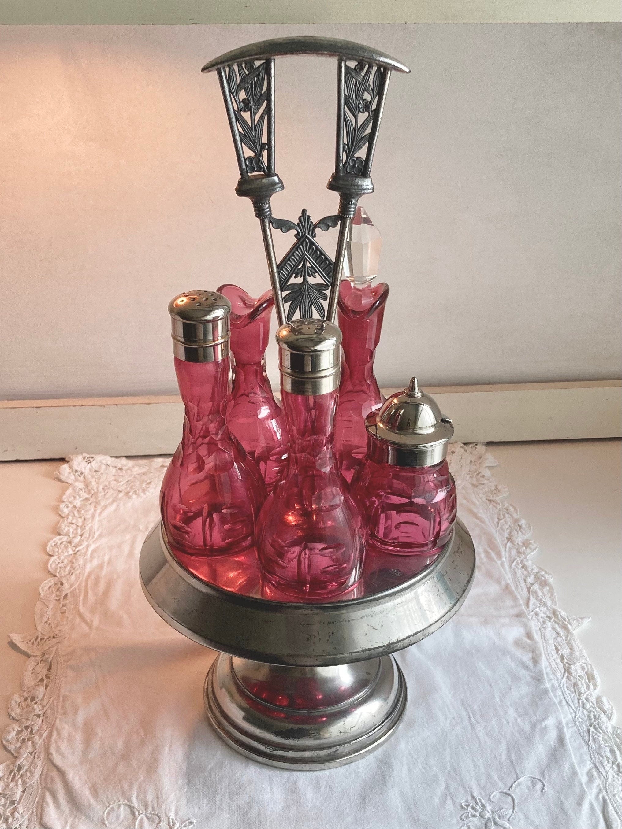 Antique Meriden Silver Plated Cruet Set: Cranberry Thumbprint Glass Bottles