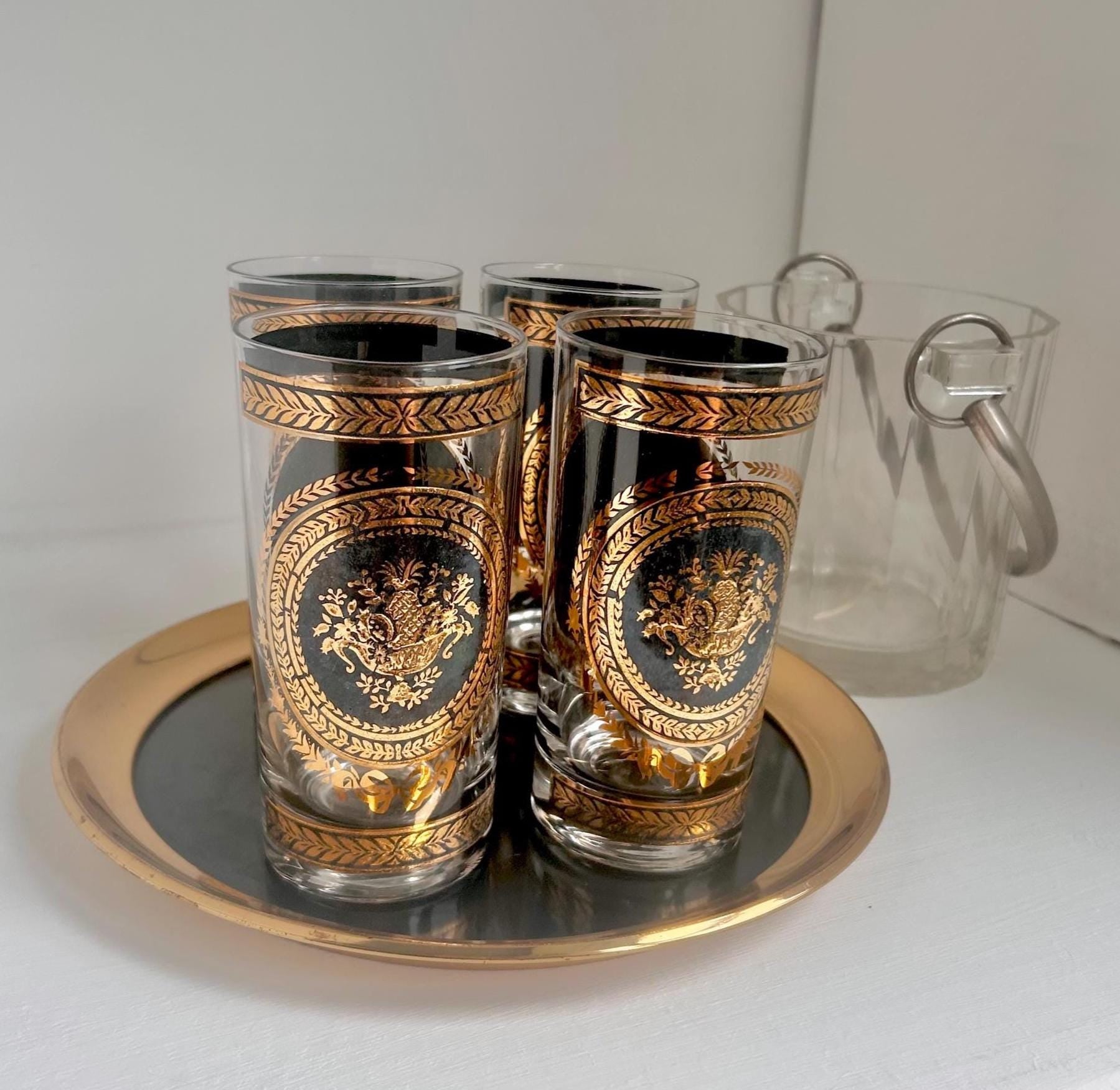 Vintage Culver Highball Glass: Gold & Black Pineapple Design