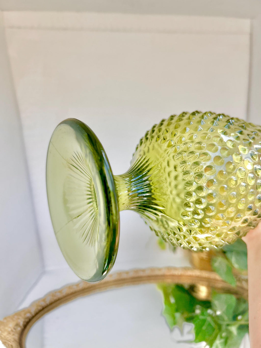 Mid-Century Fenton 17 inch Glass Swung Vase: Avocado Green Hobnail, 1960s