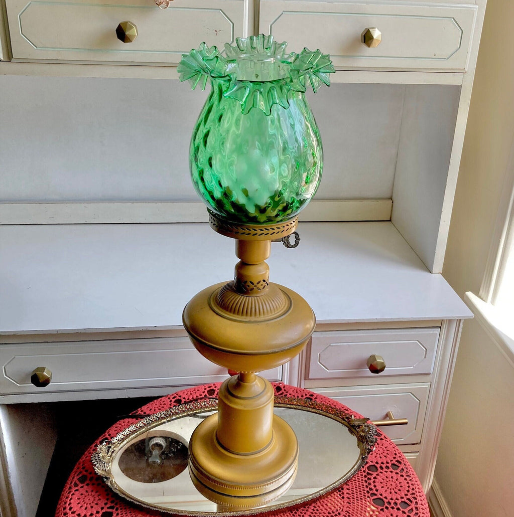 Vintage Hurricane Lamp - Dark yellow metal base, Optic Green Blown Glass Crimped Shade
