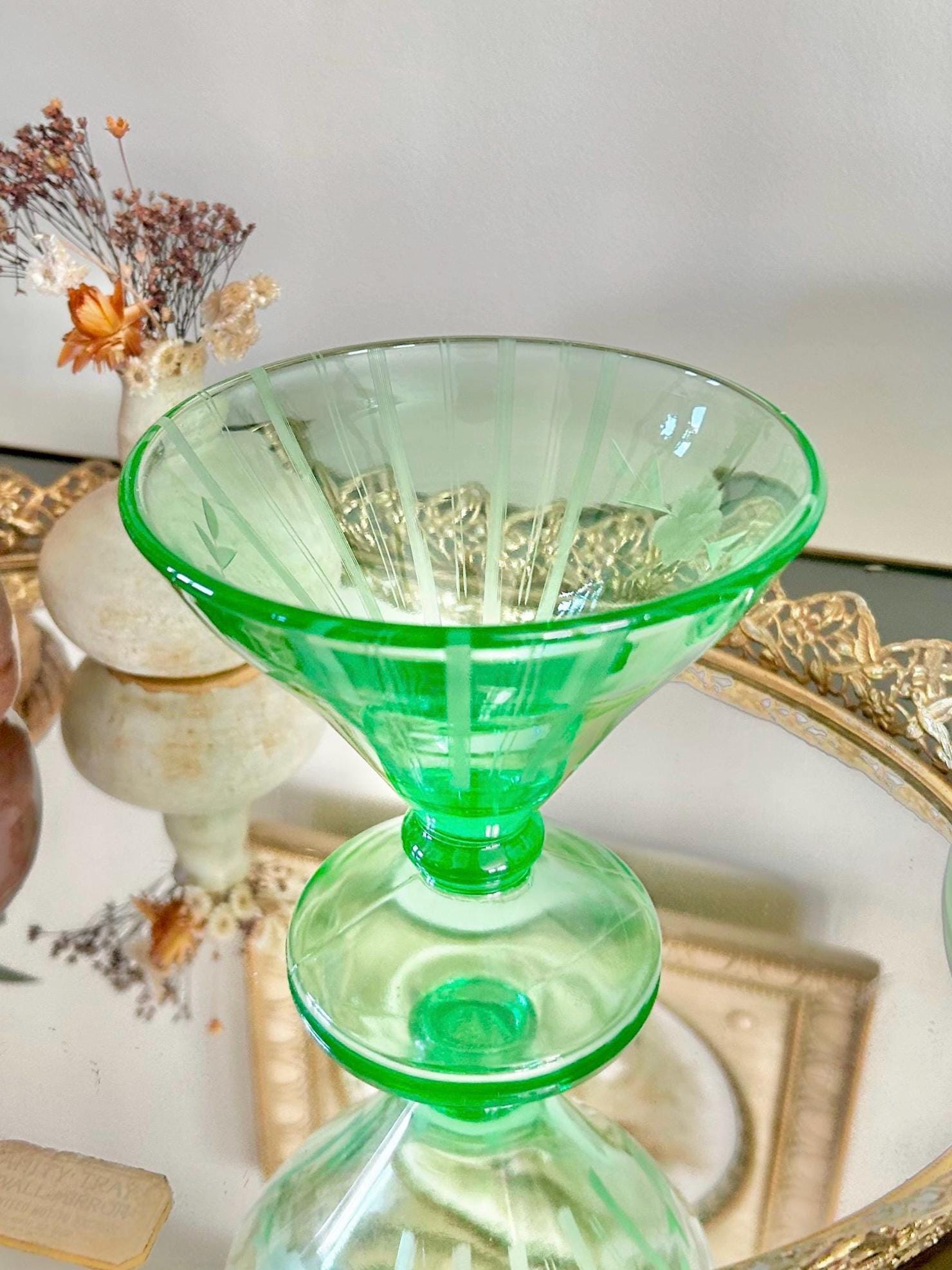 Vintage Uranium Green Heavy Pressed Glass Pedestal Sherbet Dish, Etched