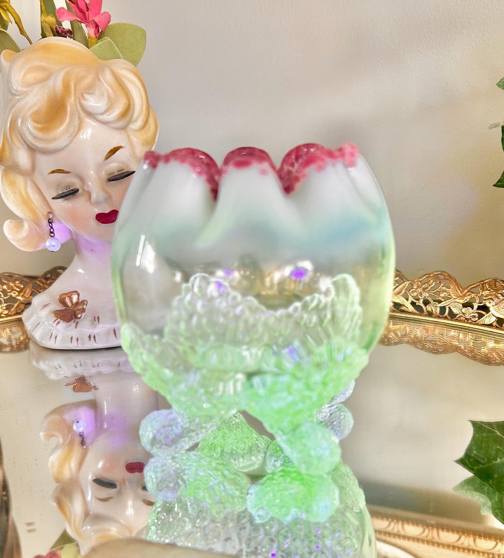 Antique EAPG Uranium Clear and Opalescent Glass Footed Rose Bowl with Pink Edge