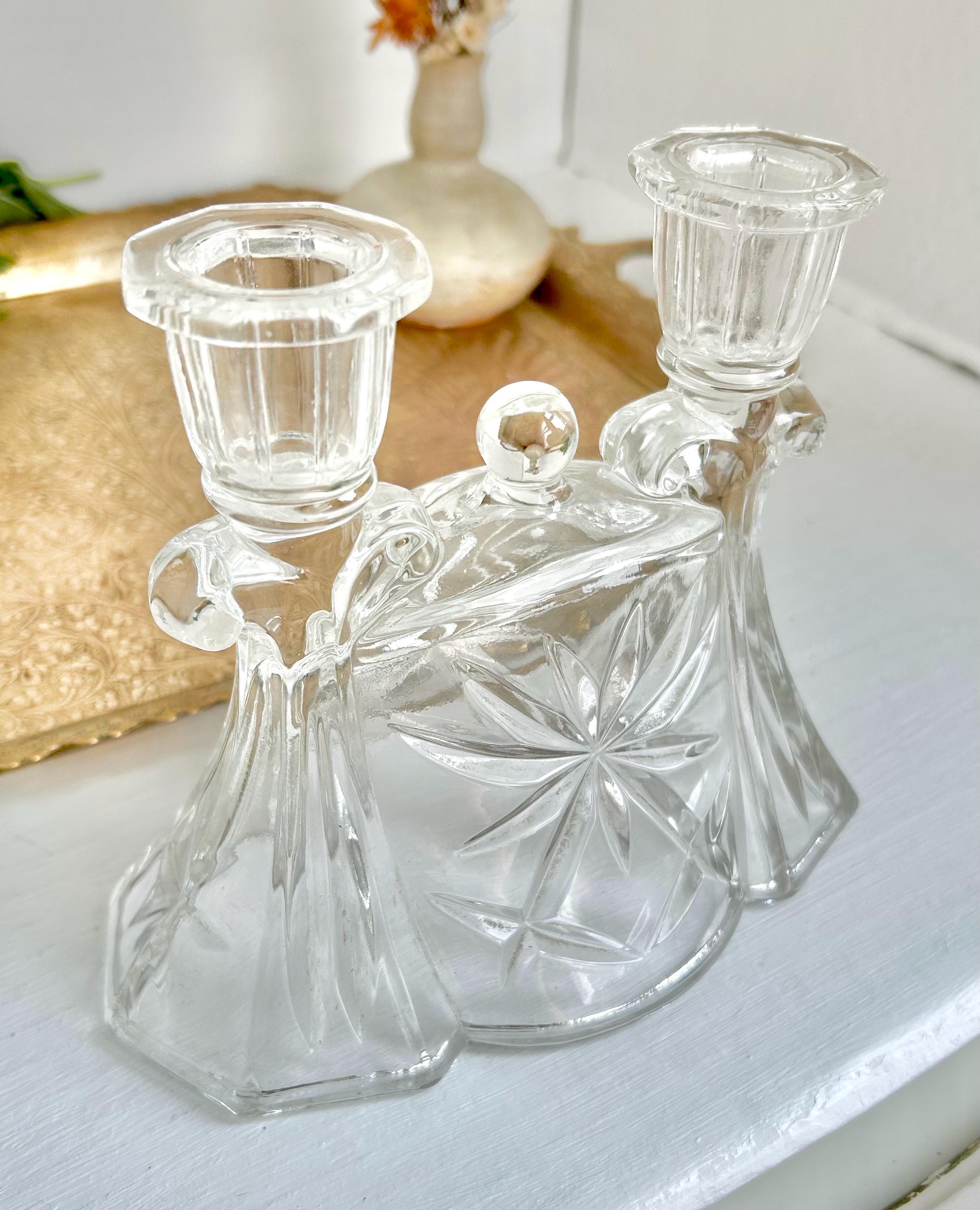 Vintage Anchor Hocking Prescut Double Candlestick Holder - Heavy Pressed Cut Clear Glass Candelabra
