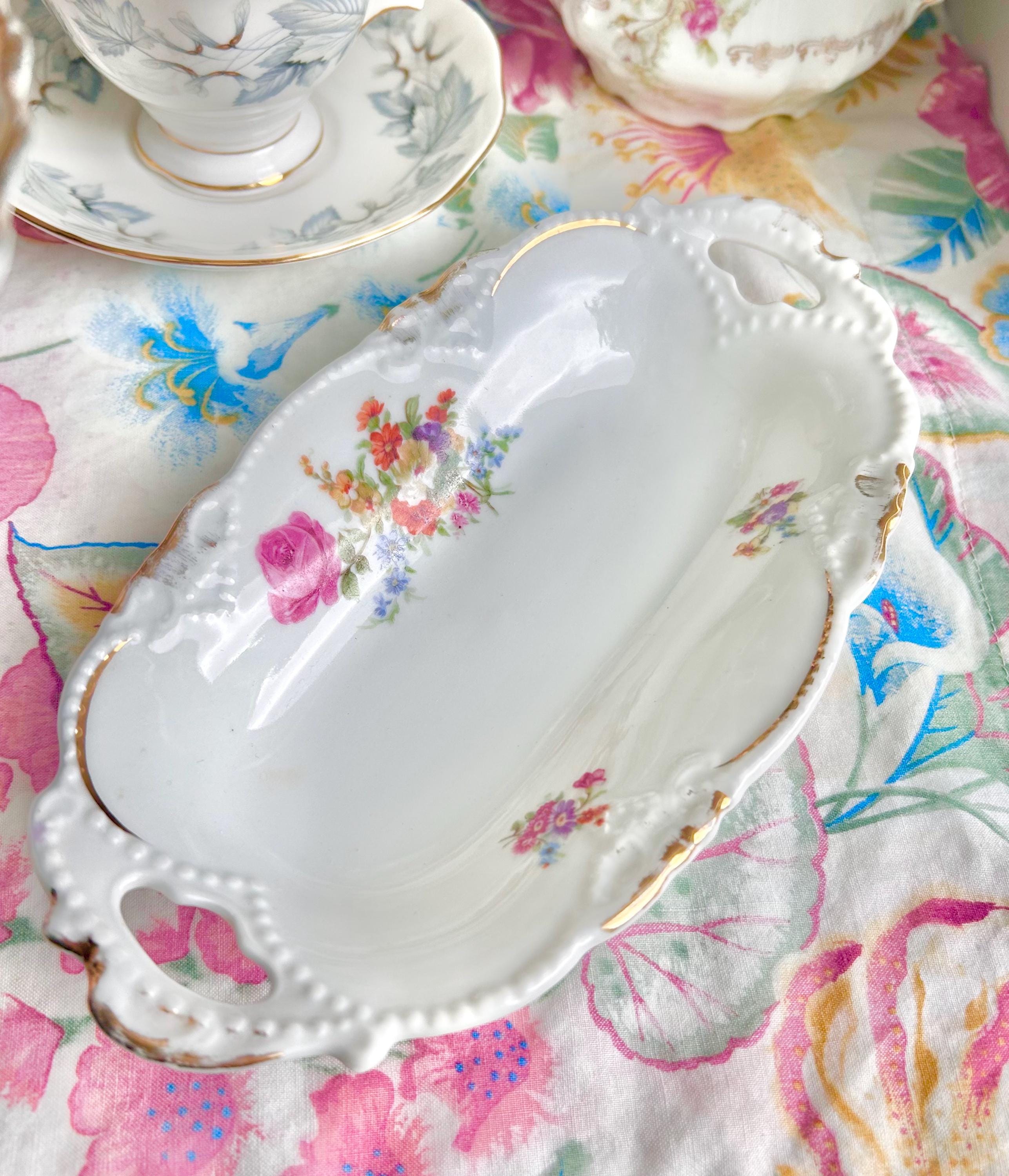 Vintage Floral Porcelain Dish: Germany Gold Trim Small Bowl