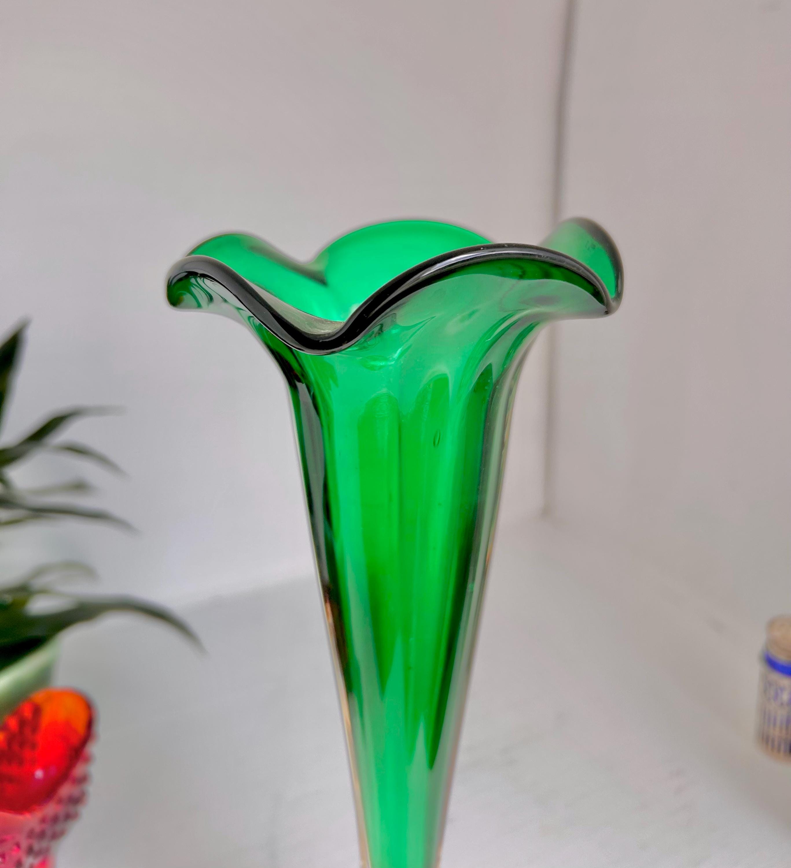 Vintage Kreis Art Glass Vase: Millefiori & Emerald Green Fluted Rim