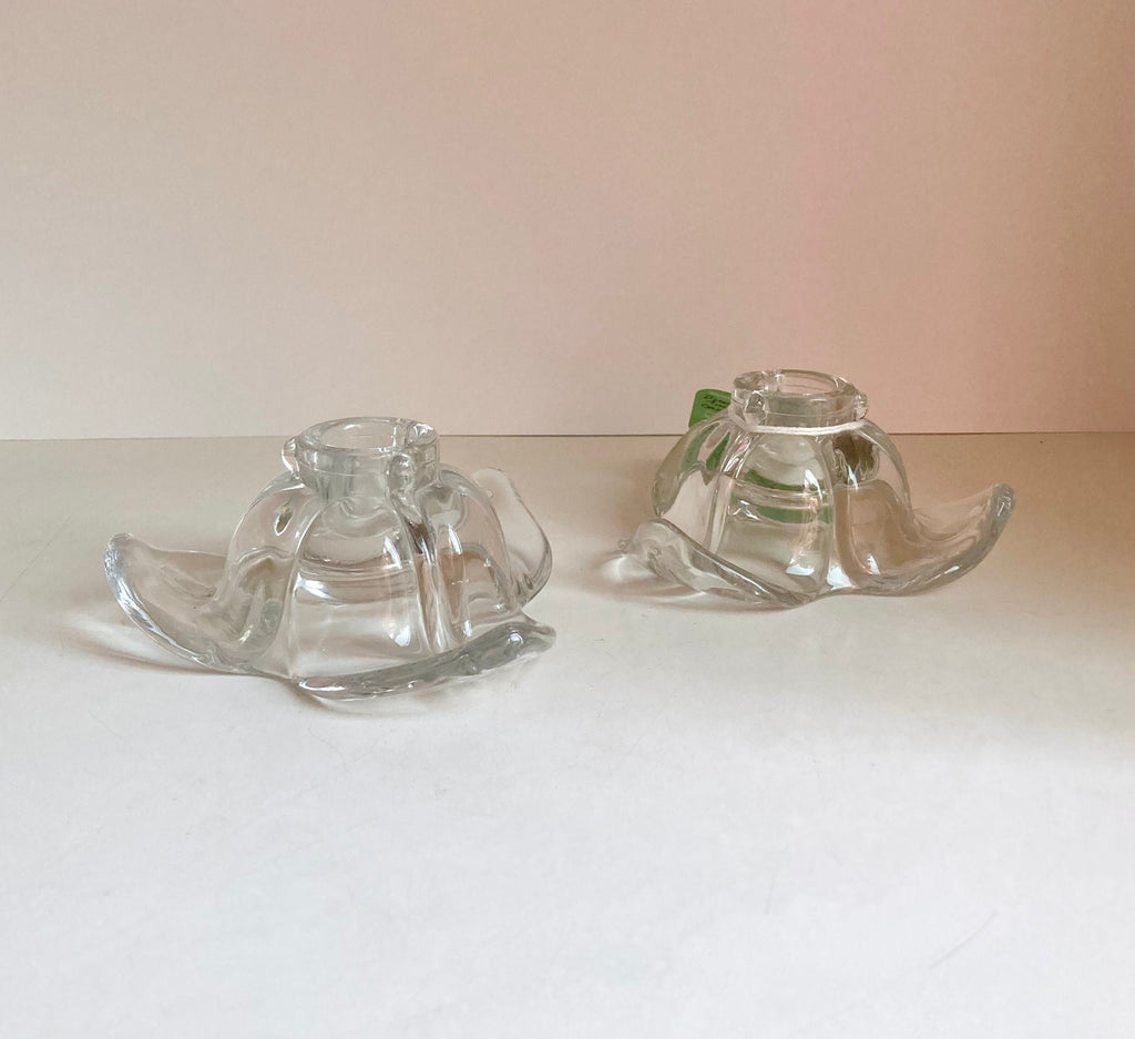 Vintage Duncan Miller American Way Leaf Clear Glass PAIR of Single Candlestick Holders