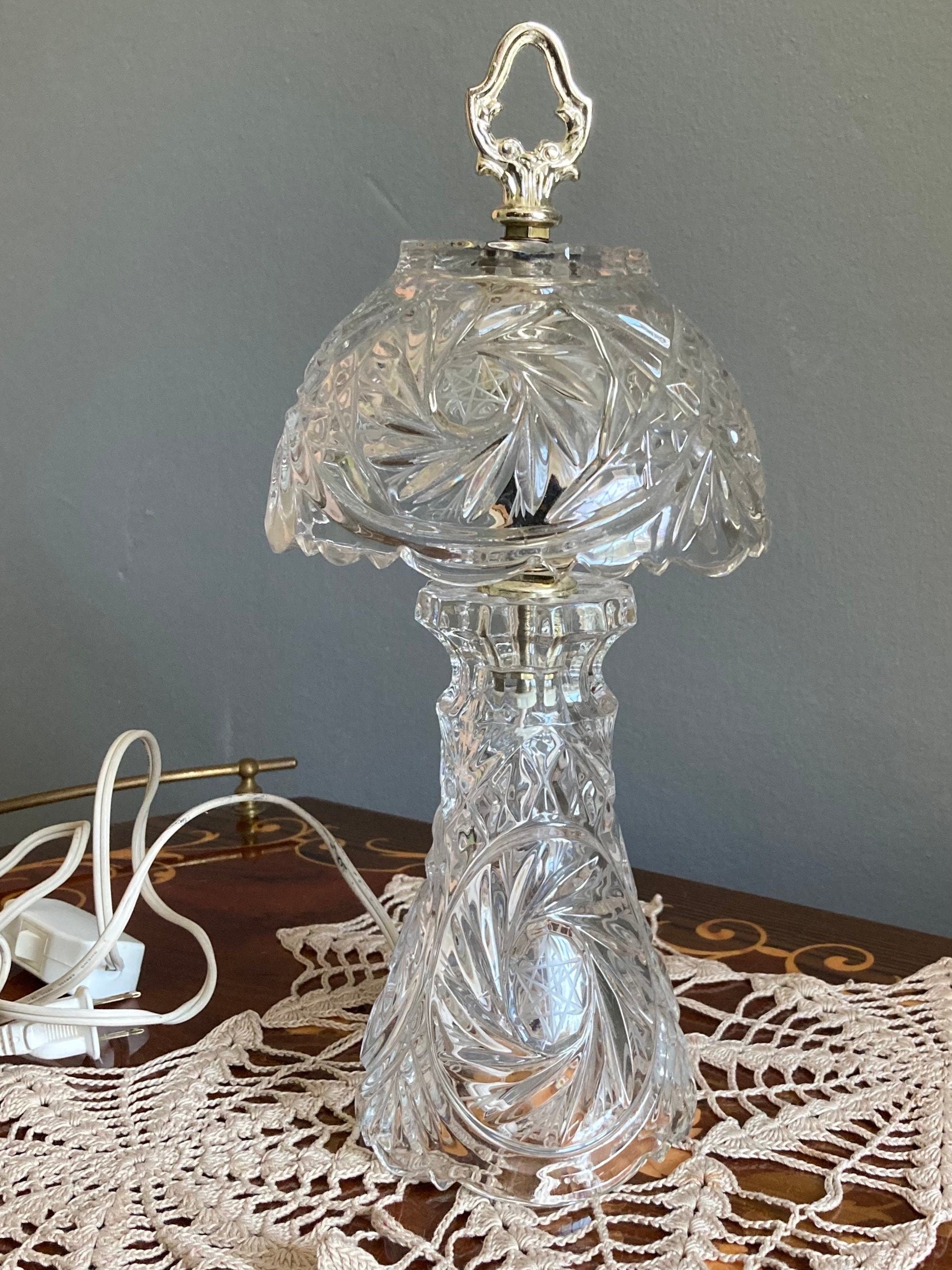 Small Glass Boudoir Parlor Lamp with Brass Finishings - Cut Geometric and Star Pattern