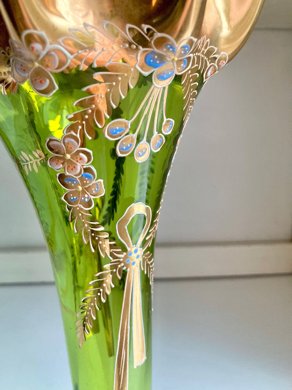 Bohemian Green Glass Ruffled Vase: Gilt Floral Hand-Painted Decor