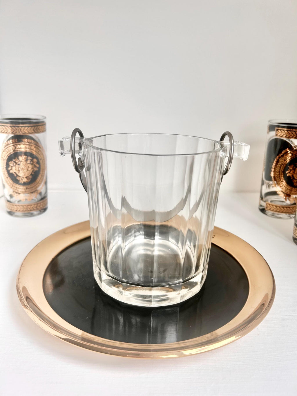 Vintage Paneled Glass Ice Bucket: Stainless Steel Handle Cocktail Serving Pail