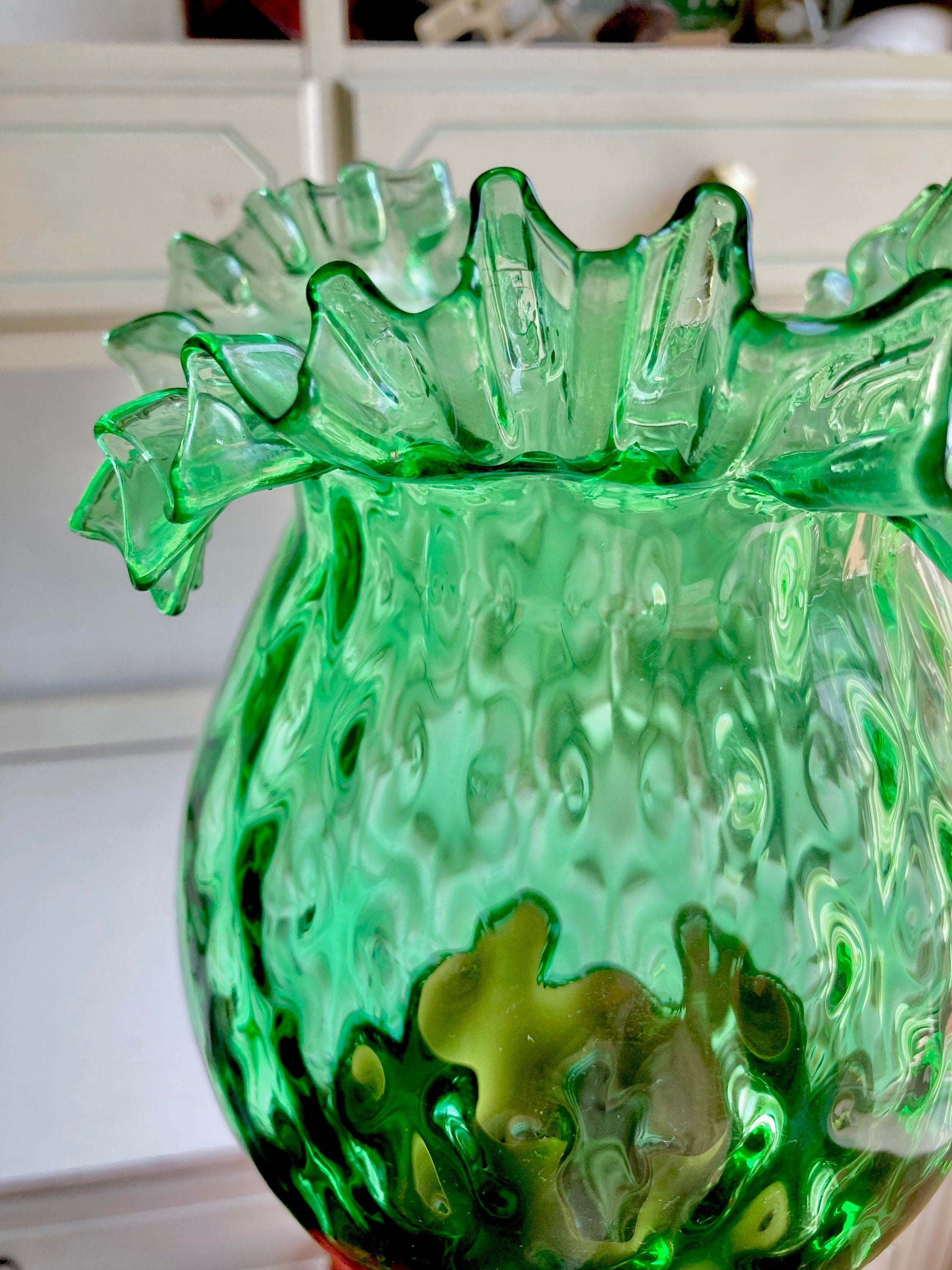 Vintage Hurricane Lamp - Dark yellow metal base, Optic Green Blown Glass Crimped Shade