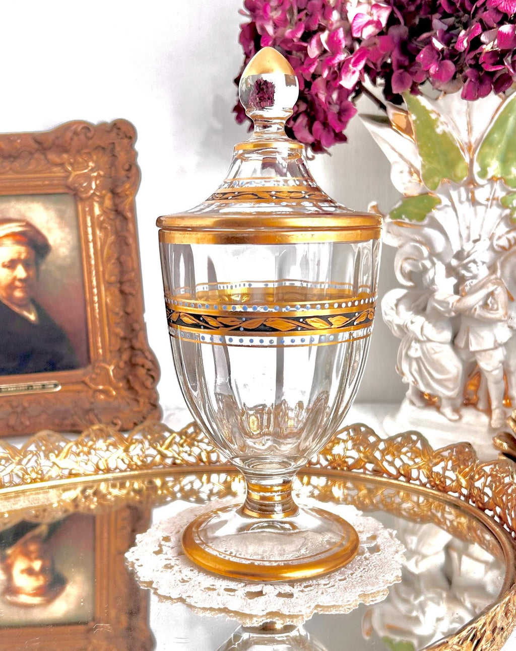 Vintage Gilt Glass Pedestal Lidded Dish