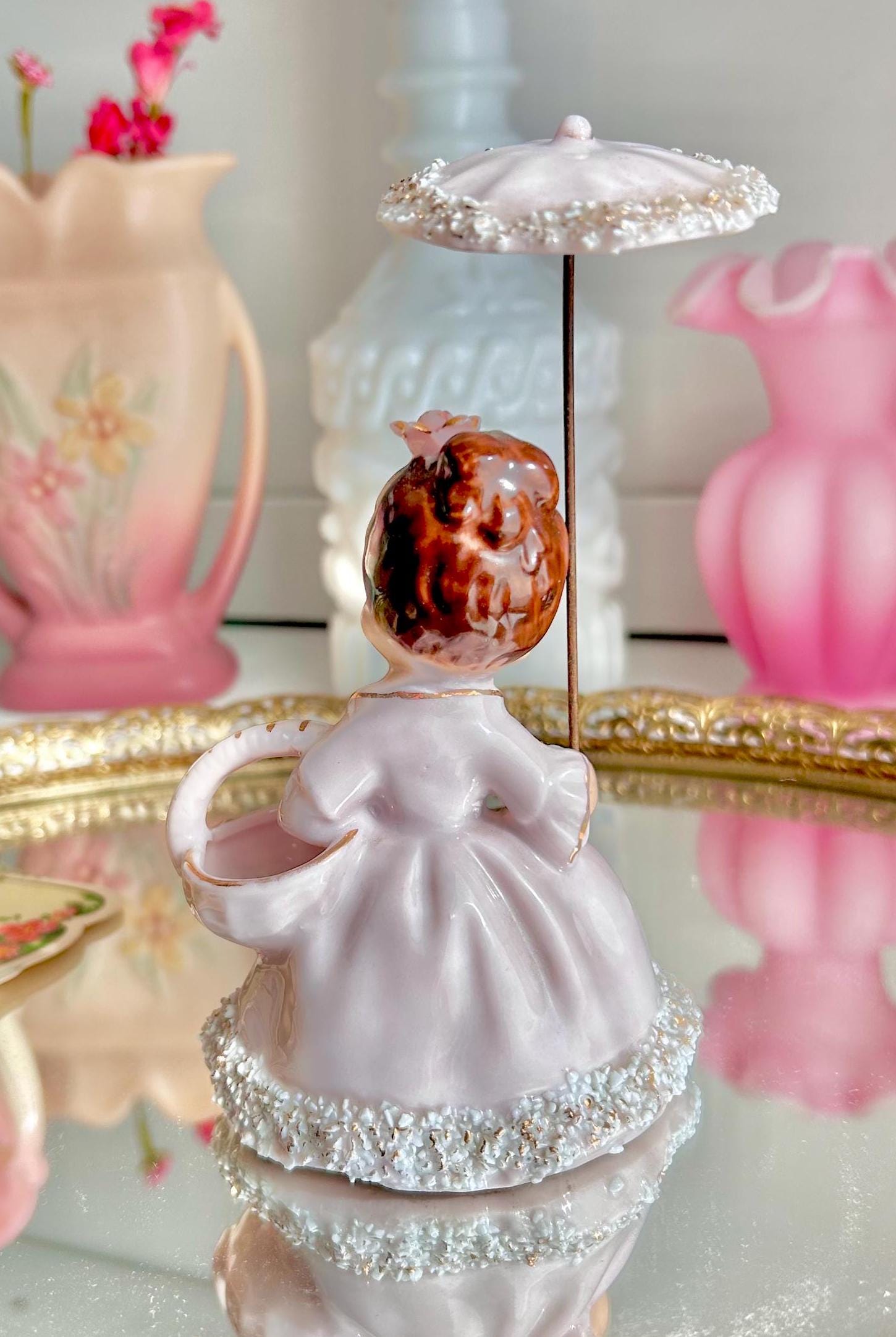 Vintage Spaghetti Porcelain Girl Figurine: Pink Dress, Parasol, Basket Vase (Hairline Crack)