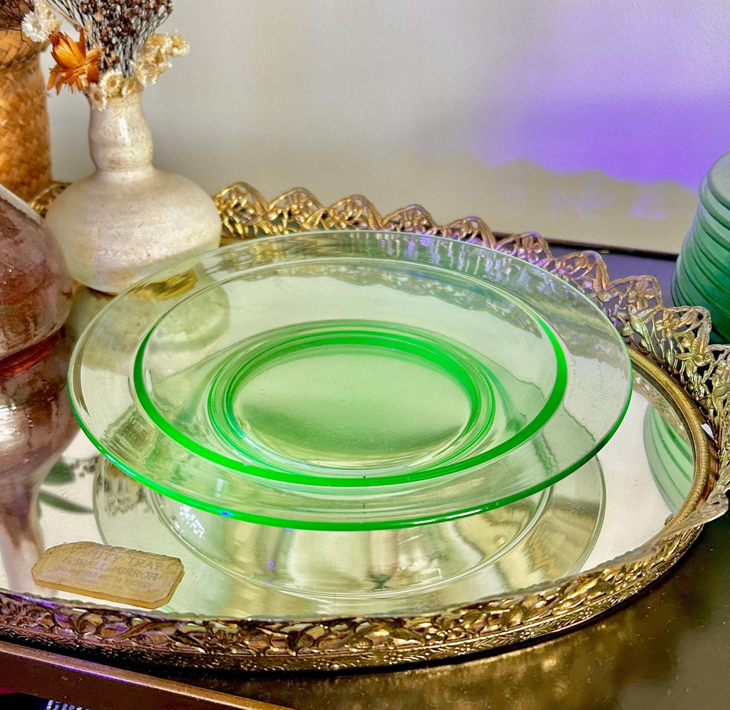Vintage Uranium Green Heavy Pressed Glass Dish