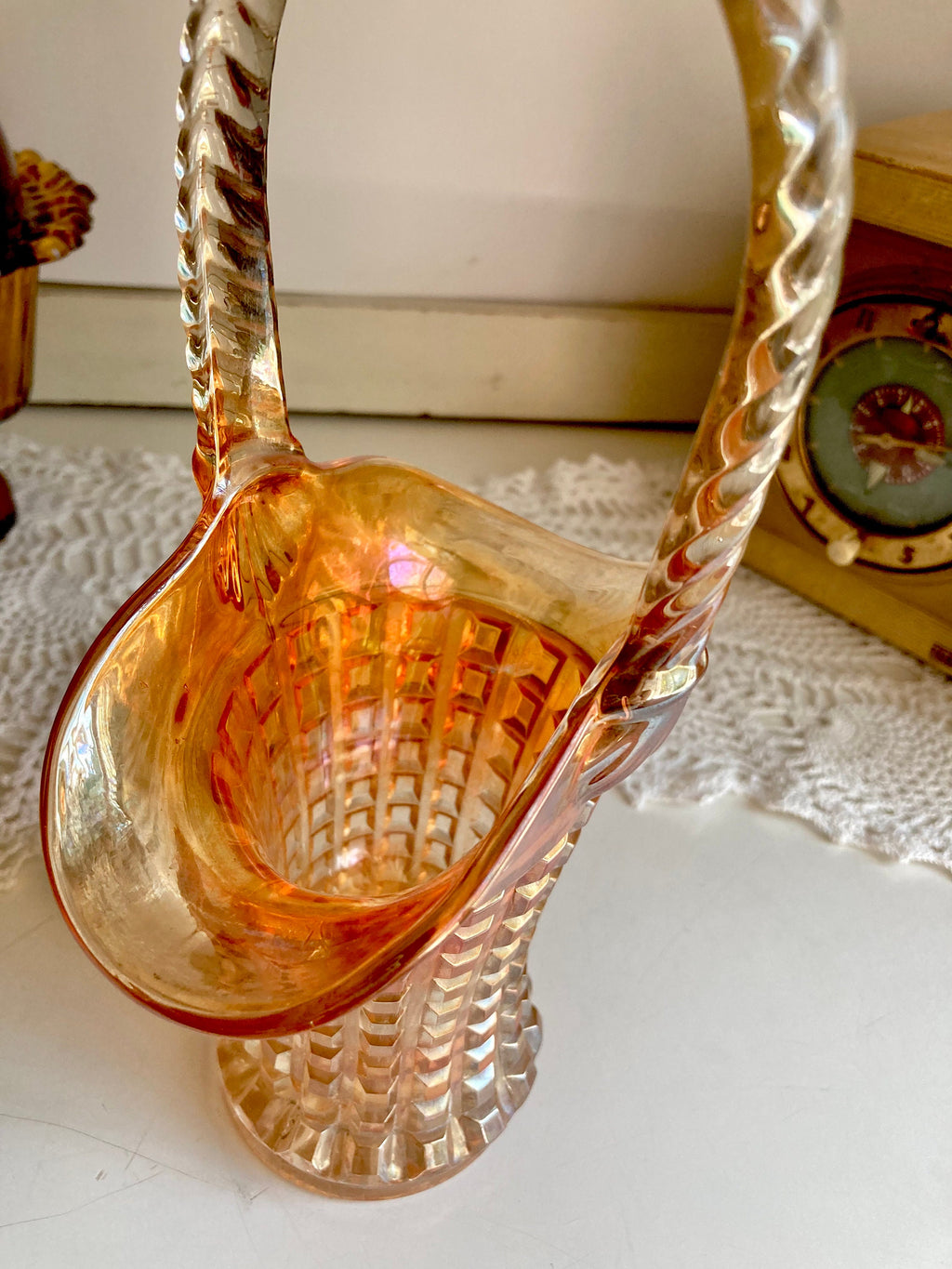 Vintage Imperial Marigold Carnival Glass Basket Vase: Waffle Block Pattern, Braided Handle