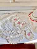 Vintage 1980s Cotton Ruffled Placemats with Napkin Pockets and Strawberry Napkins - Set of 4