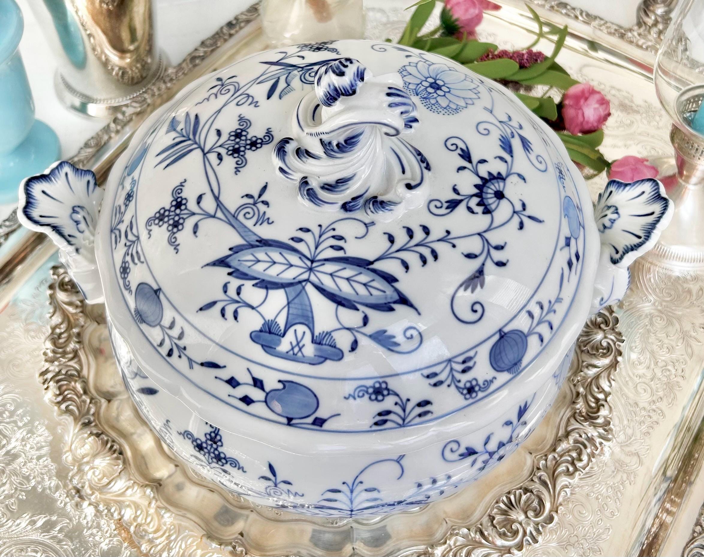 Meissen Porcelain Blue Onion Tureen - Blue Sword Backstamp Scroll Finial Lid - Newer production