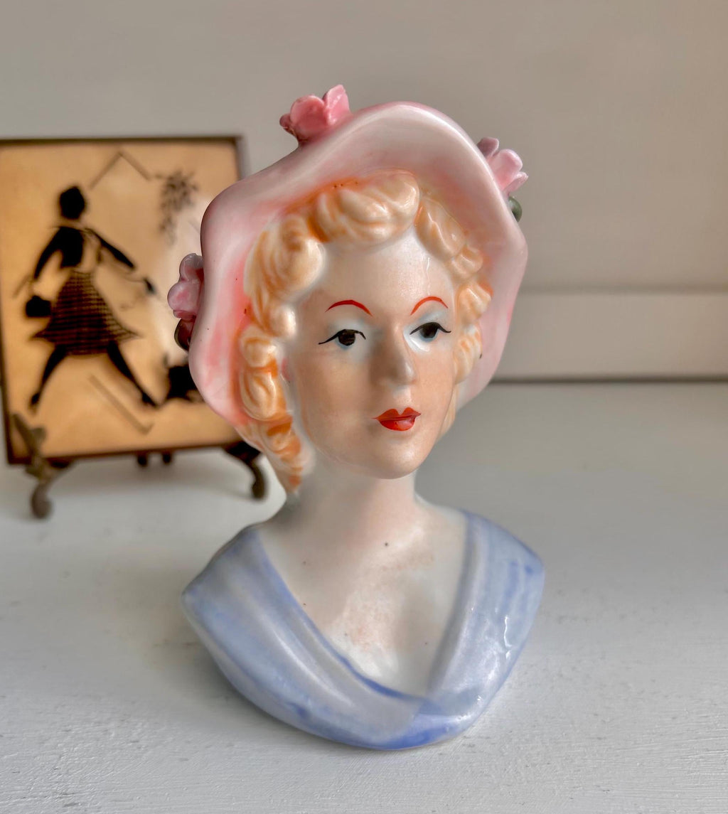 Vintage Lady Head Vase: Floral Pink Hat, Blonde Hair Ceramic Planter
