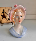 Vintage Lady Head Vase: Floral Pink Hat, Blonde Hair Ceramic Planter